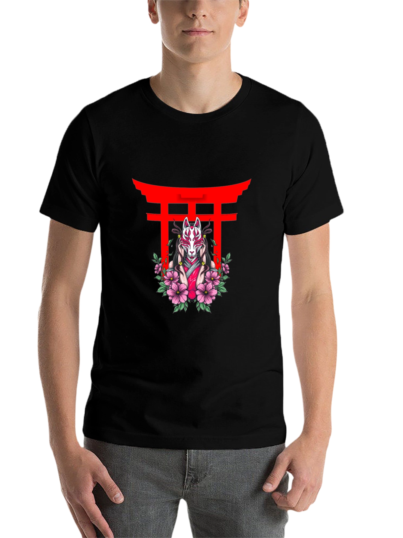 Black Black T-Shirt with Japanese Fox Mask Design view 7