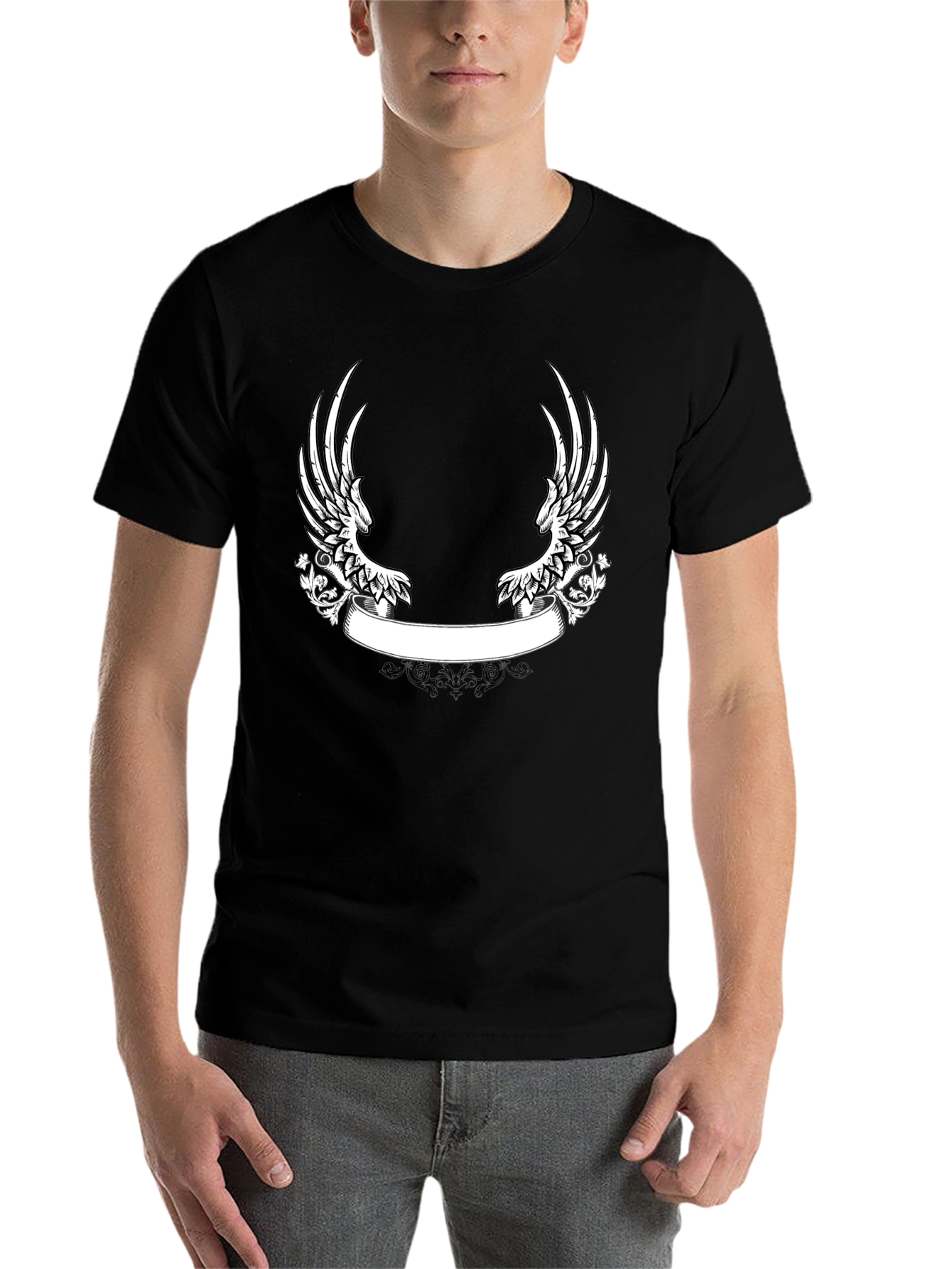 Black Black T-Shirt with Wing and Banner Design view 7