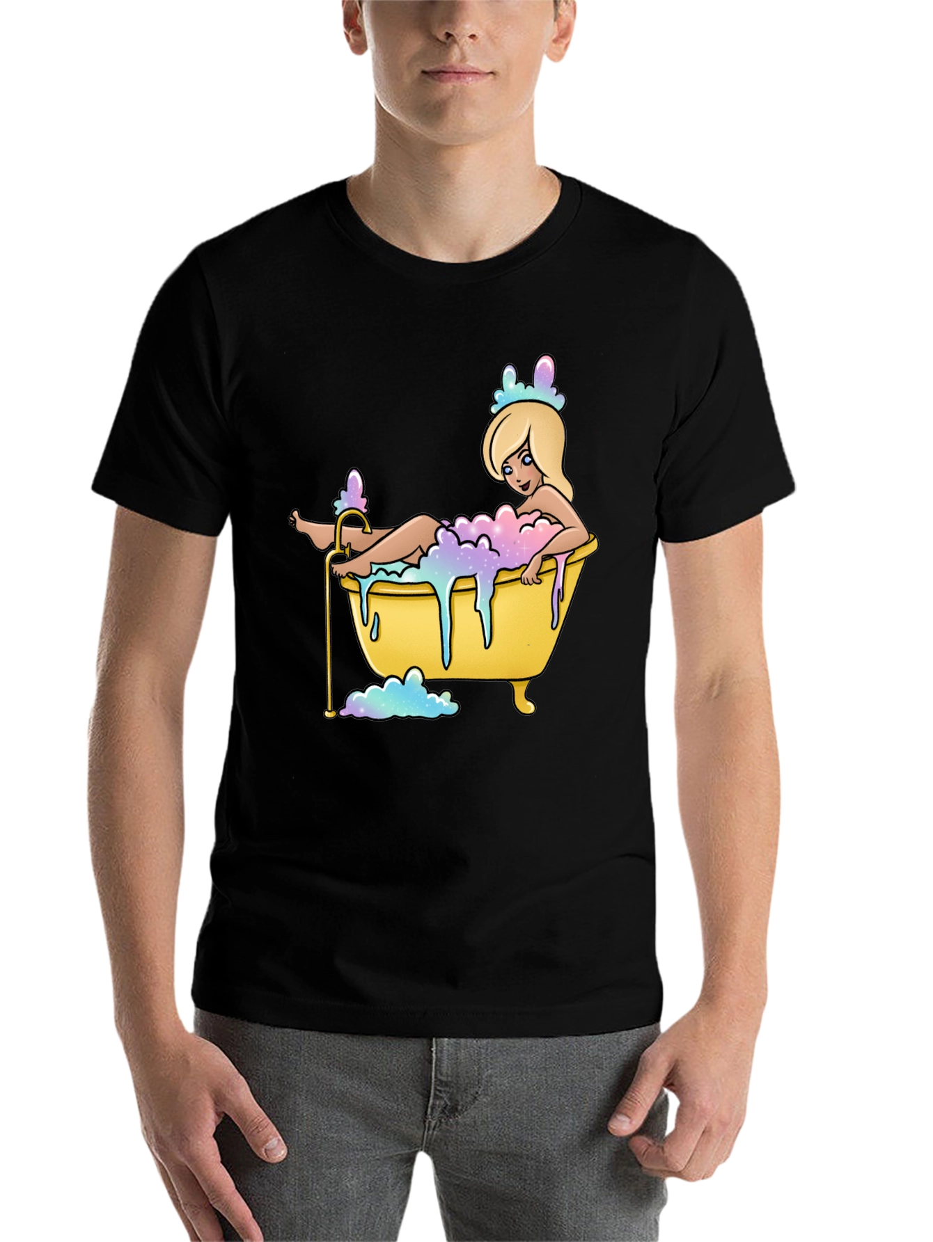 Black Cartoon Girl Bathtub T-Shirt - Black Cotton Tee view 7