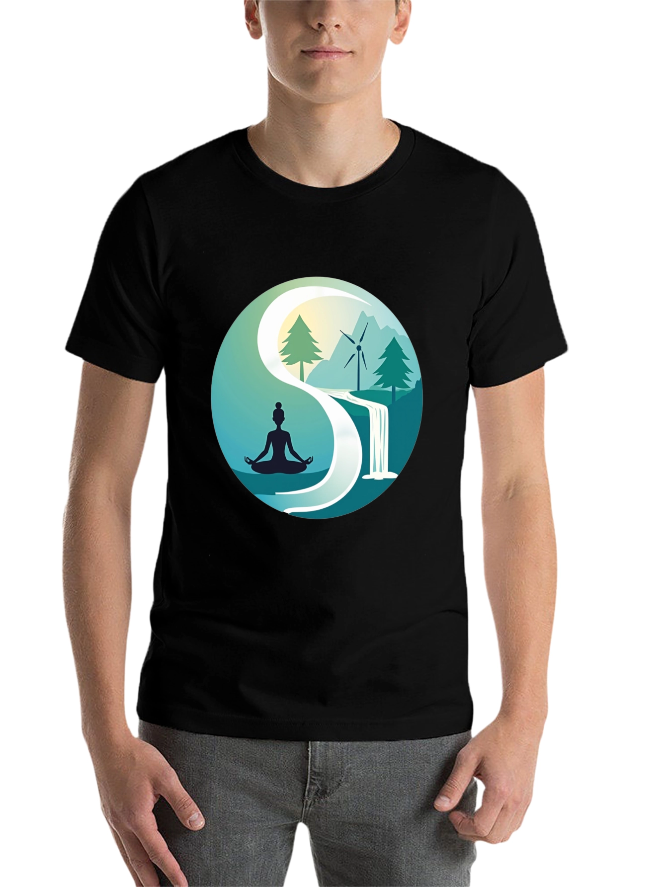 Black Nature Yin Yang T-Shirt - Meditation and Sustainability view 7