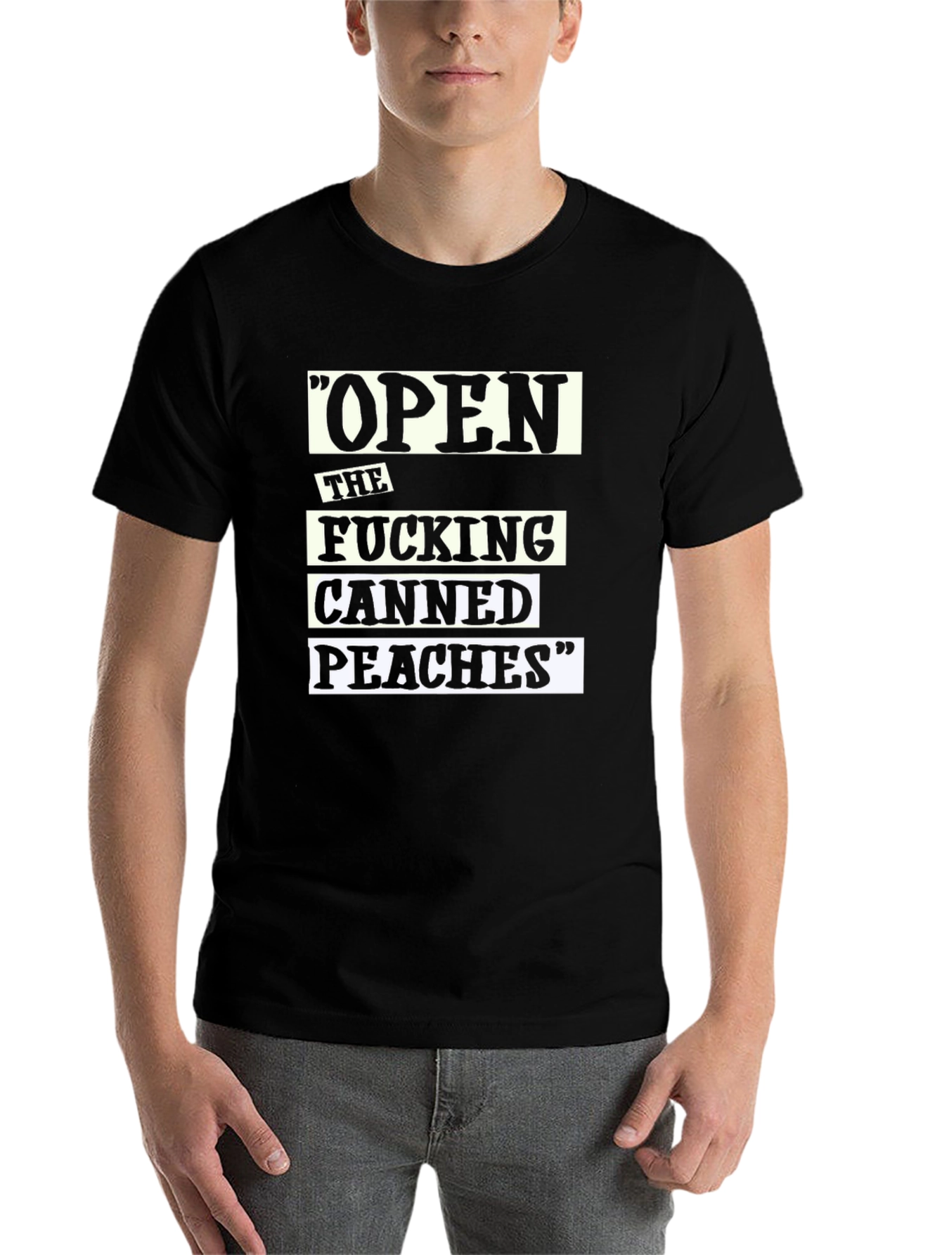 Black Open The F***ing Canned Peaches Novelty T-Shirt view 7