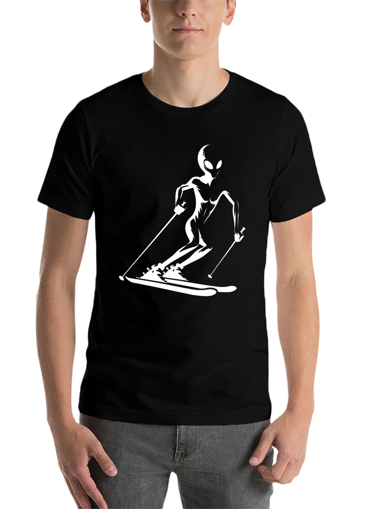 Black Skiing Alien Graphic Tee - Black Cotton Casual T-Shirt view 7