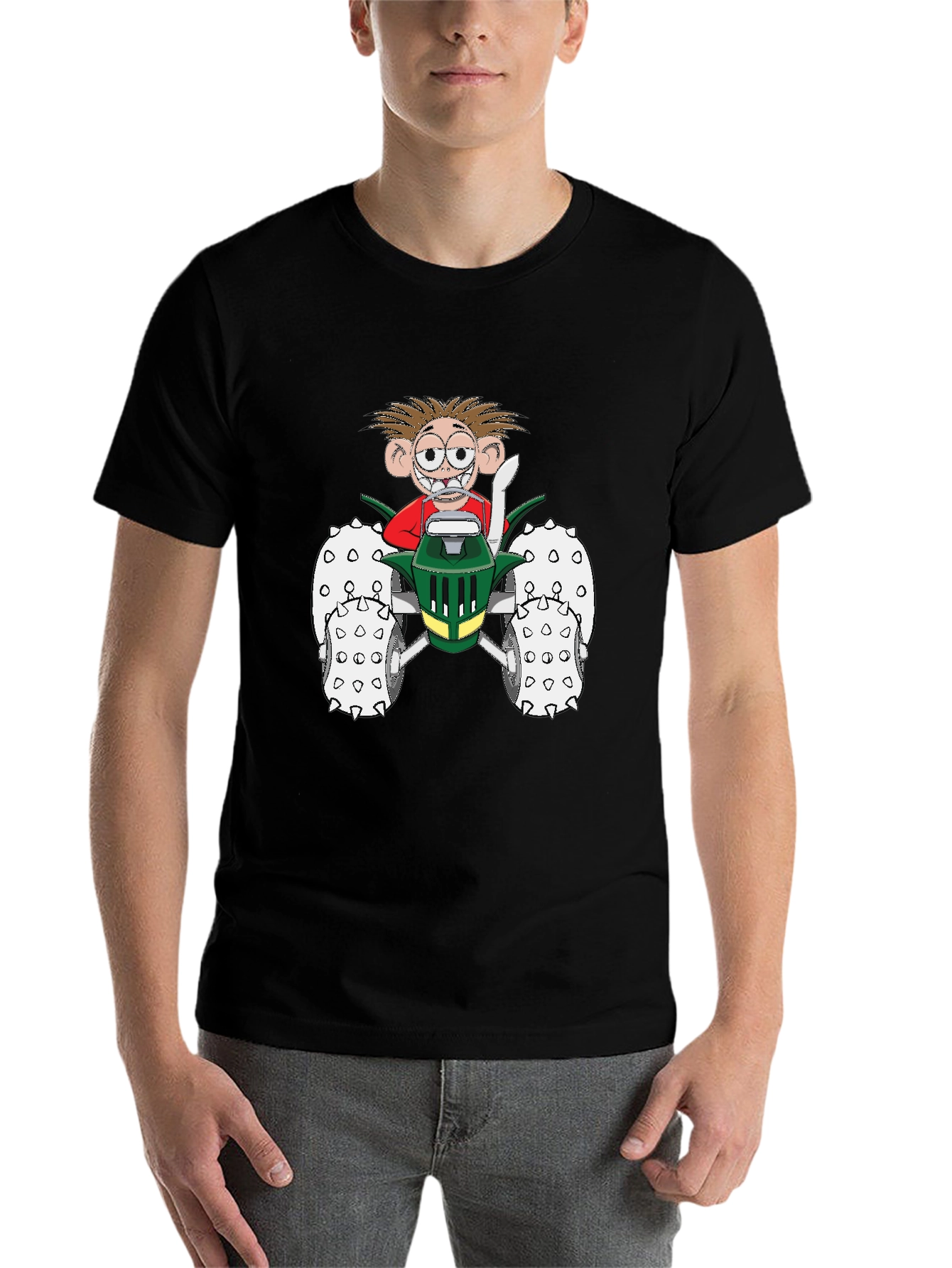 Cartoon Character on Tractor Black T-Shirt - 7