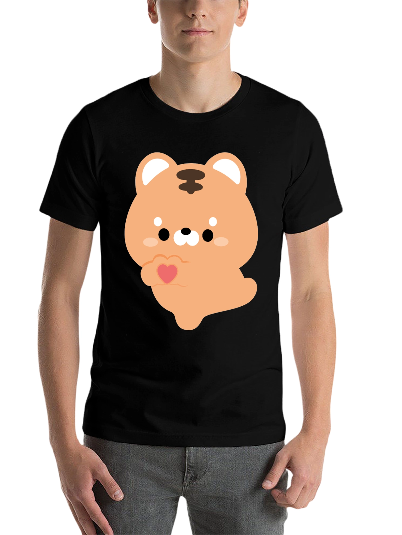 Black Cute Cartoon Tiger Holding Heart Graphic Tee view 7