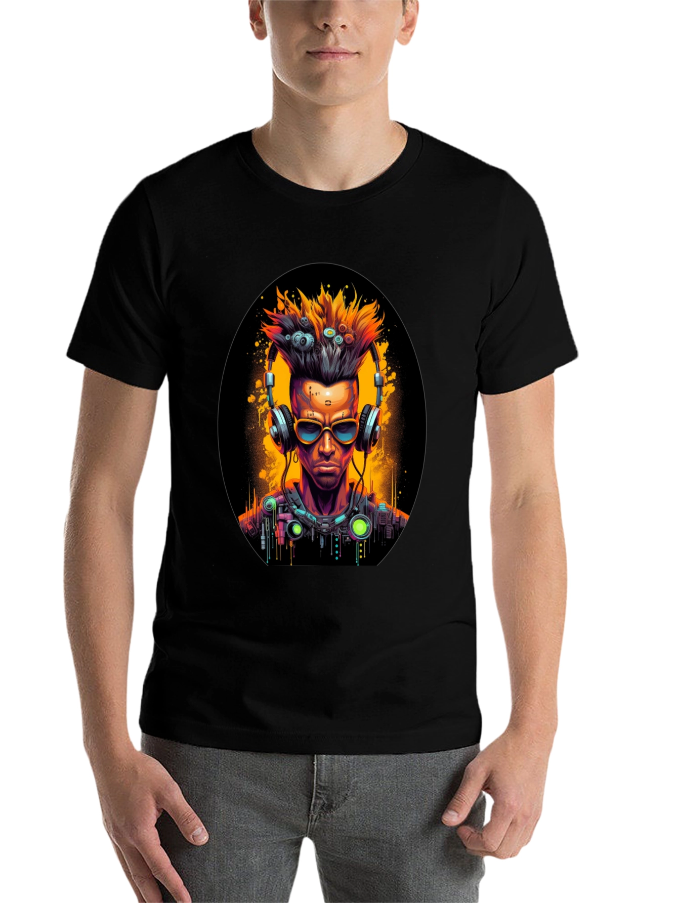 Black Cyberpunk Gamer T-Shirt: Futuristic Headphone Design view 7