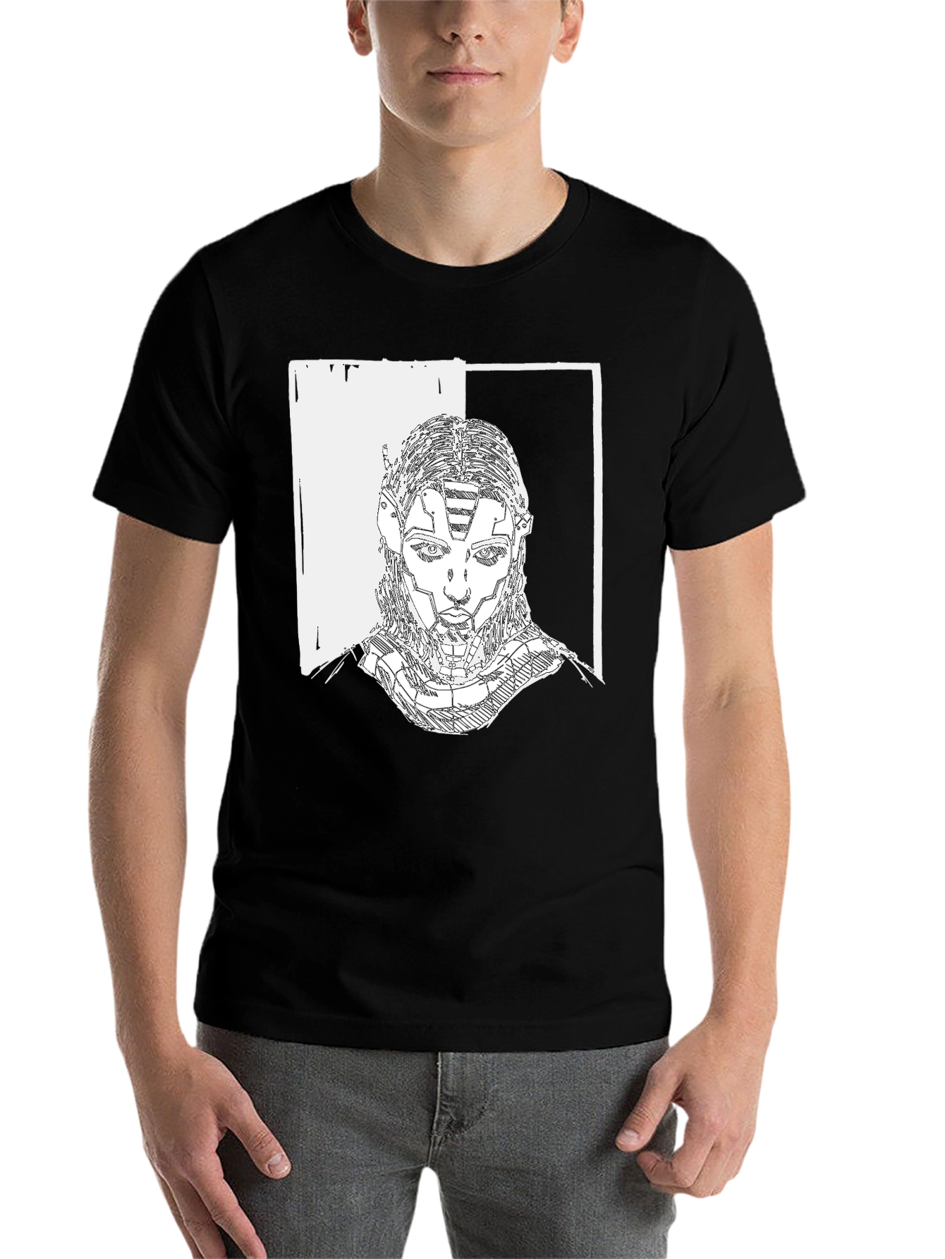 Black Cyberpunk Portrait Graphic Tee - Black Cotton T-Shirt view 7