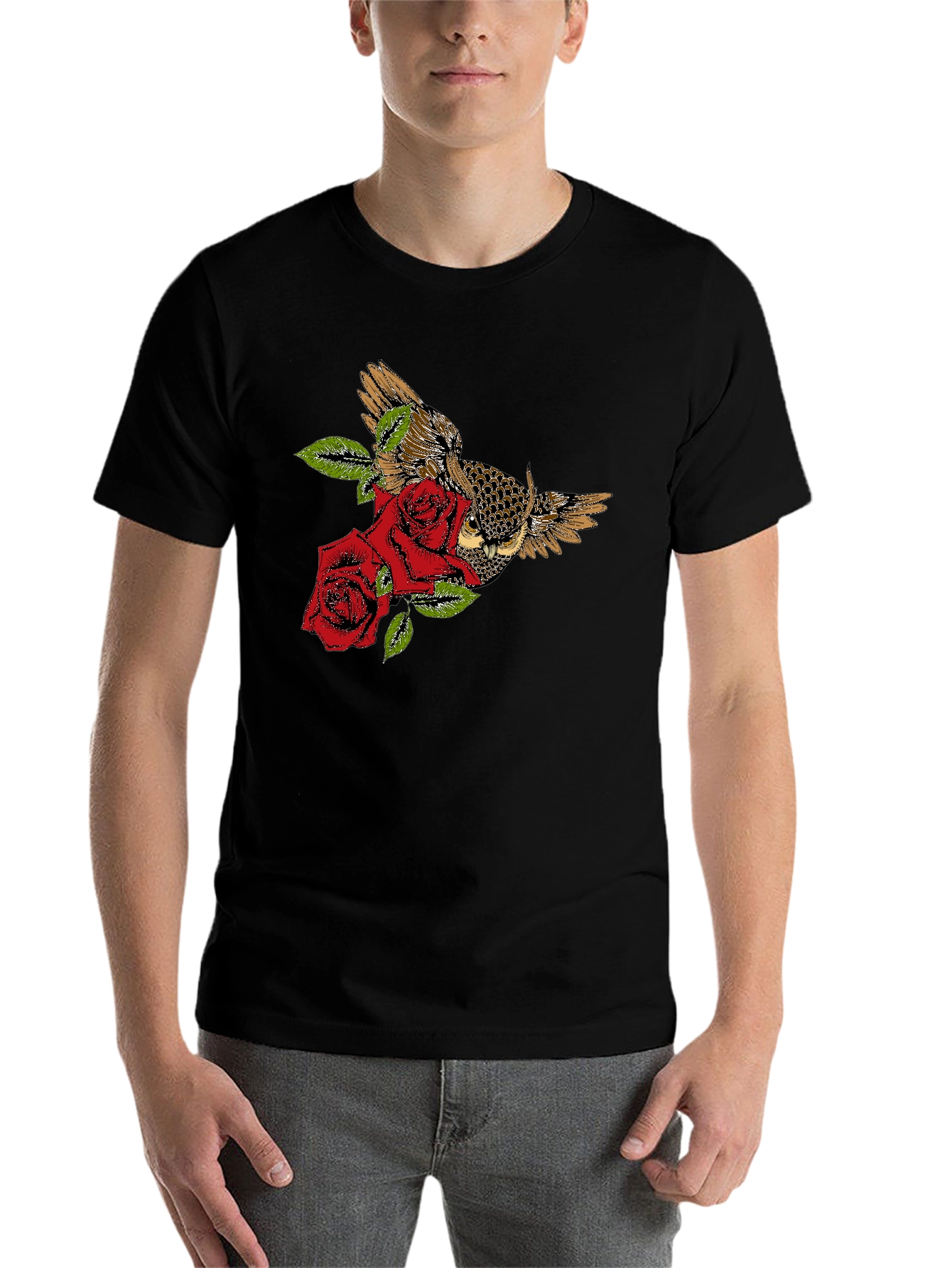 Black Owl and Roses Graphic T-Shirt - Black view 7