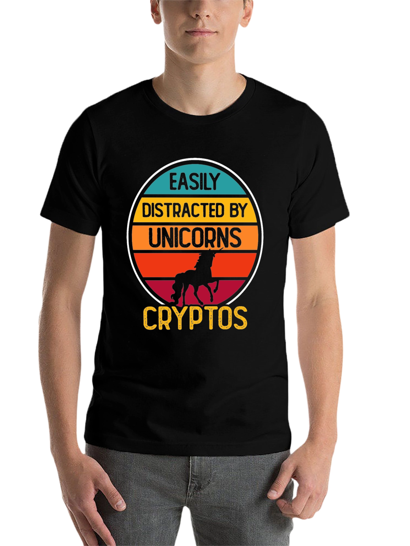 Black Easily Distracted By Unicorns and Cryptos T-Shirt view 7
