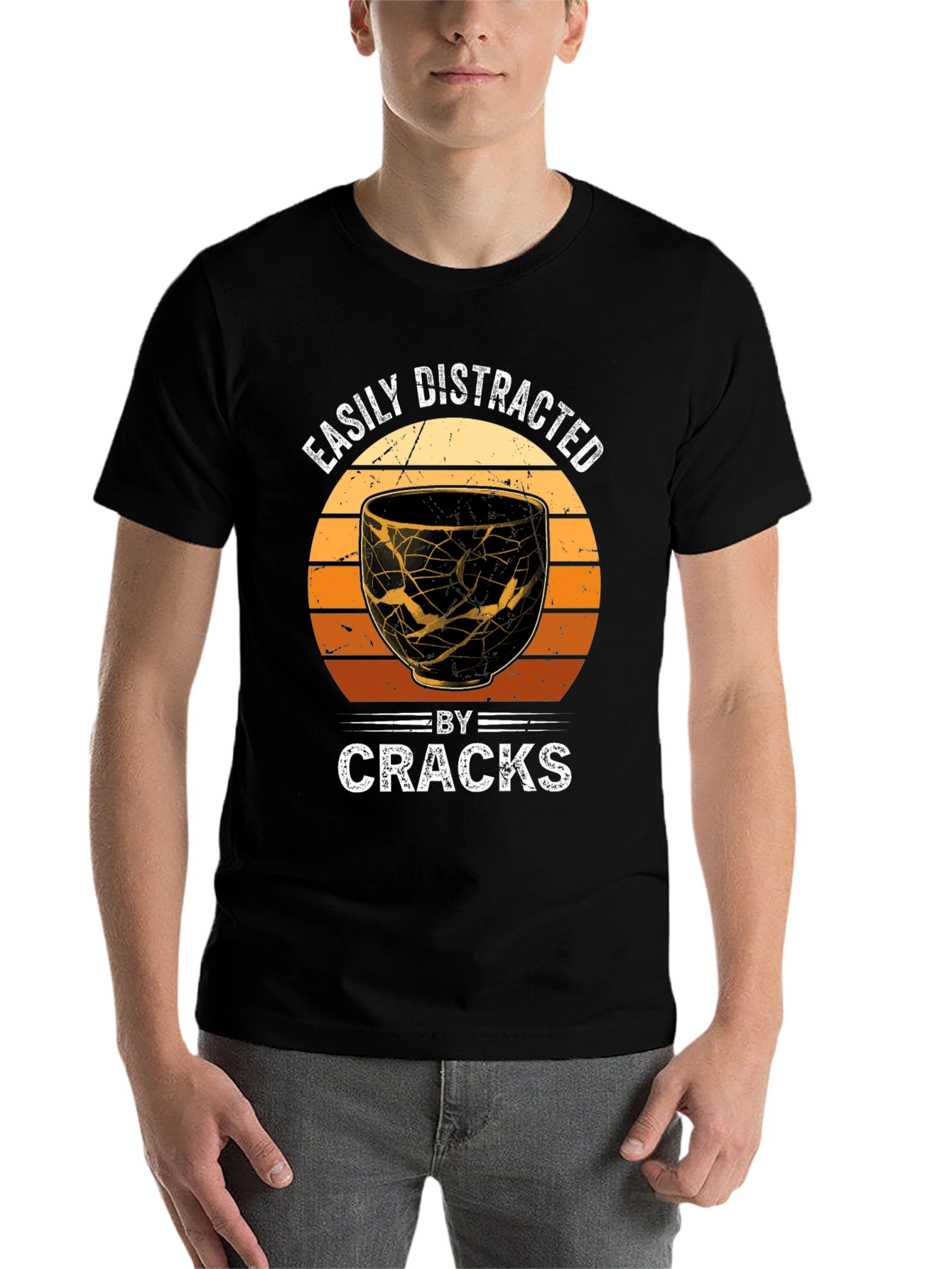 Black Easily Distracted By Cracks Kintsugi Style T-Shirt view 7