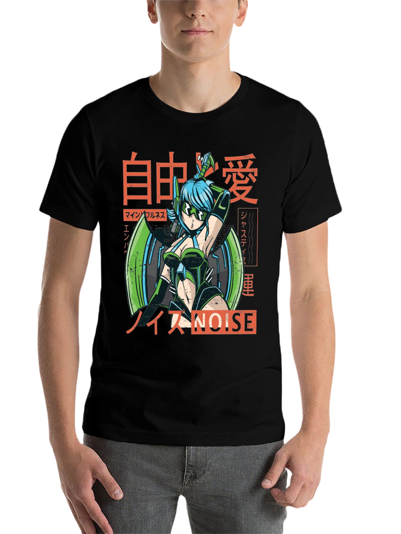 Black Anime Cyberpunk Style Graphic Tee view 7