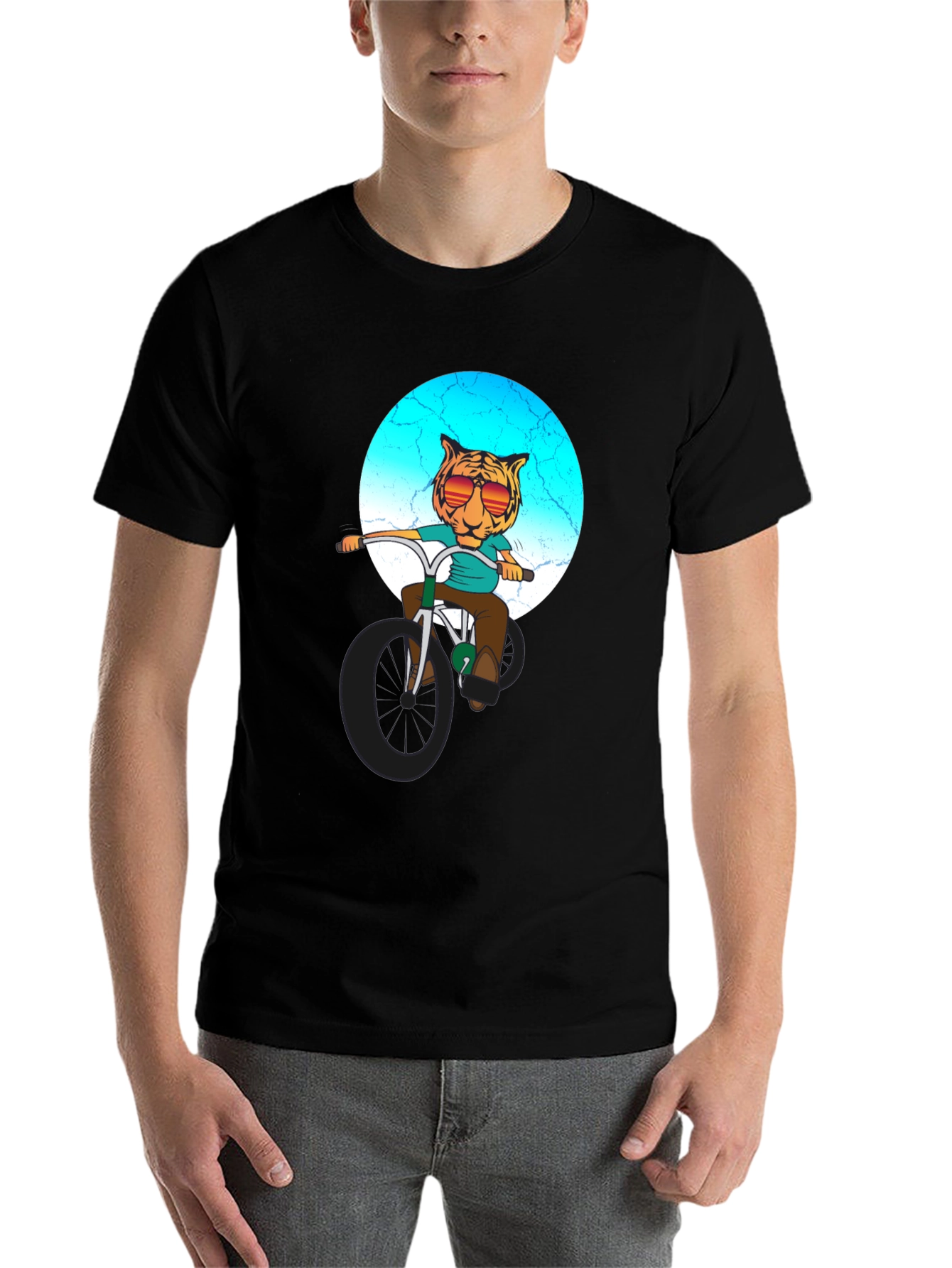 Black Cool Tiger Riding Bike Graphic T-Shirt view 7