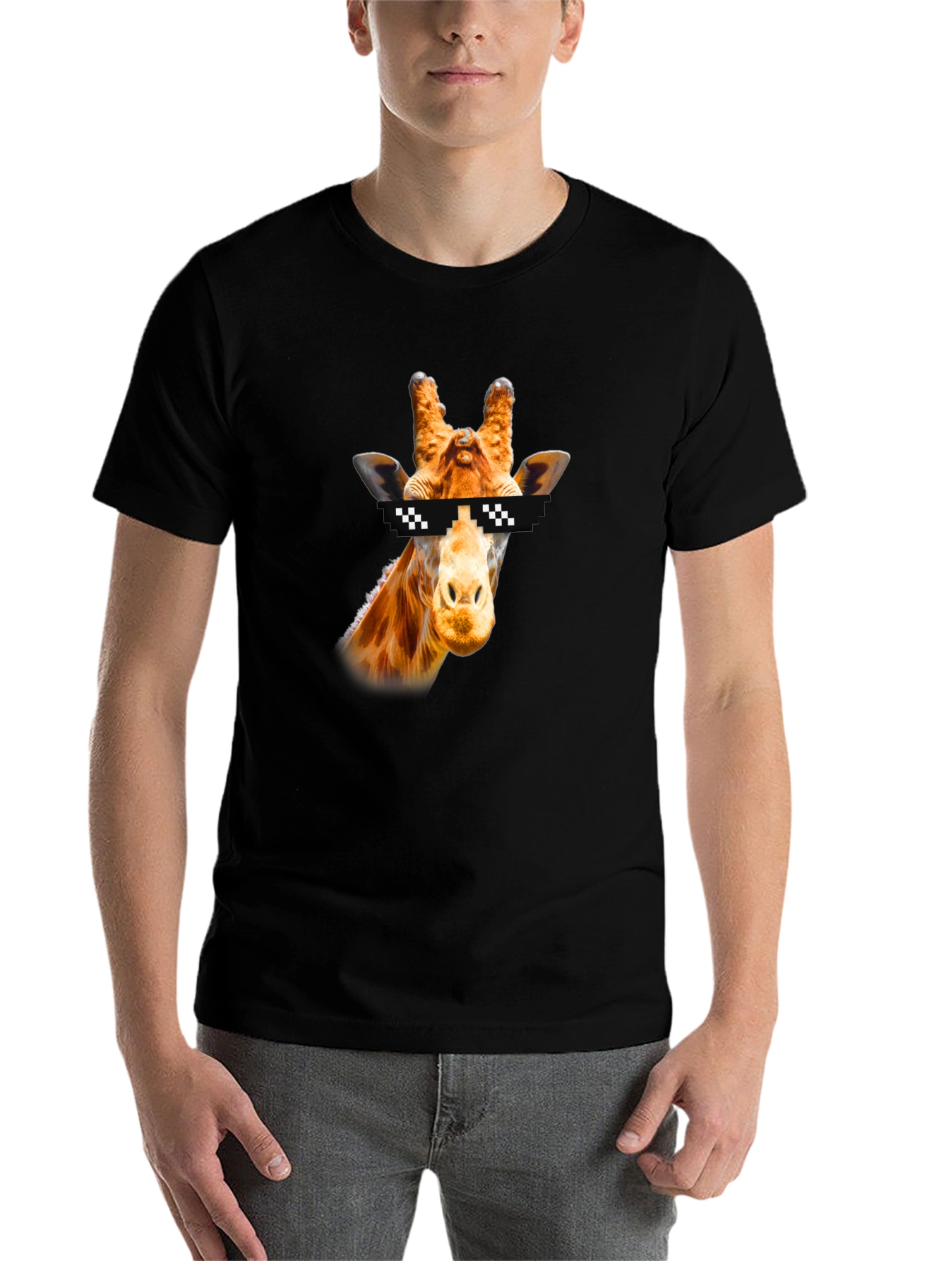 Black Cool Giraffe Pixel Sunglasses Black T-Shirt view 7