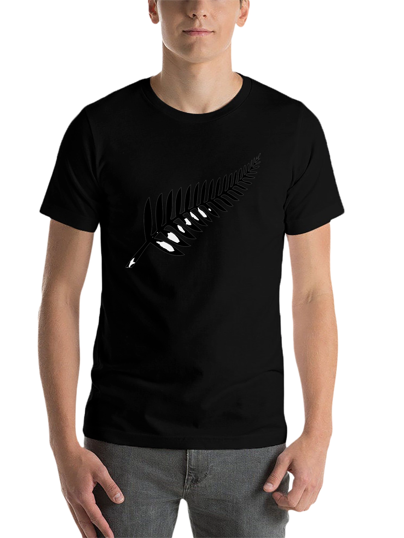 Black Men's Black T-Shirt with Silver Fern Design view 7