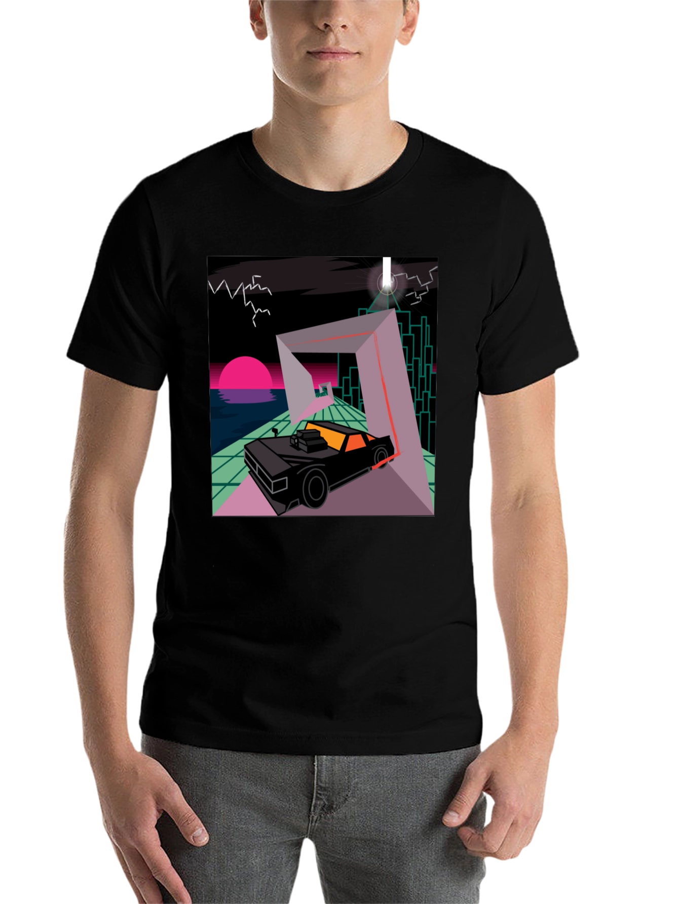 Black Retro Wave Car T-Shirt - Synthwave Design view 7