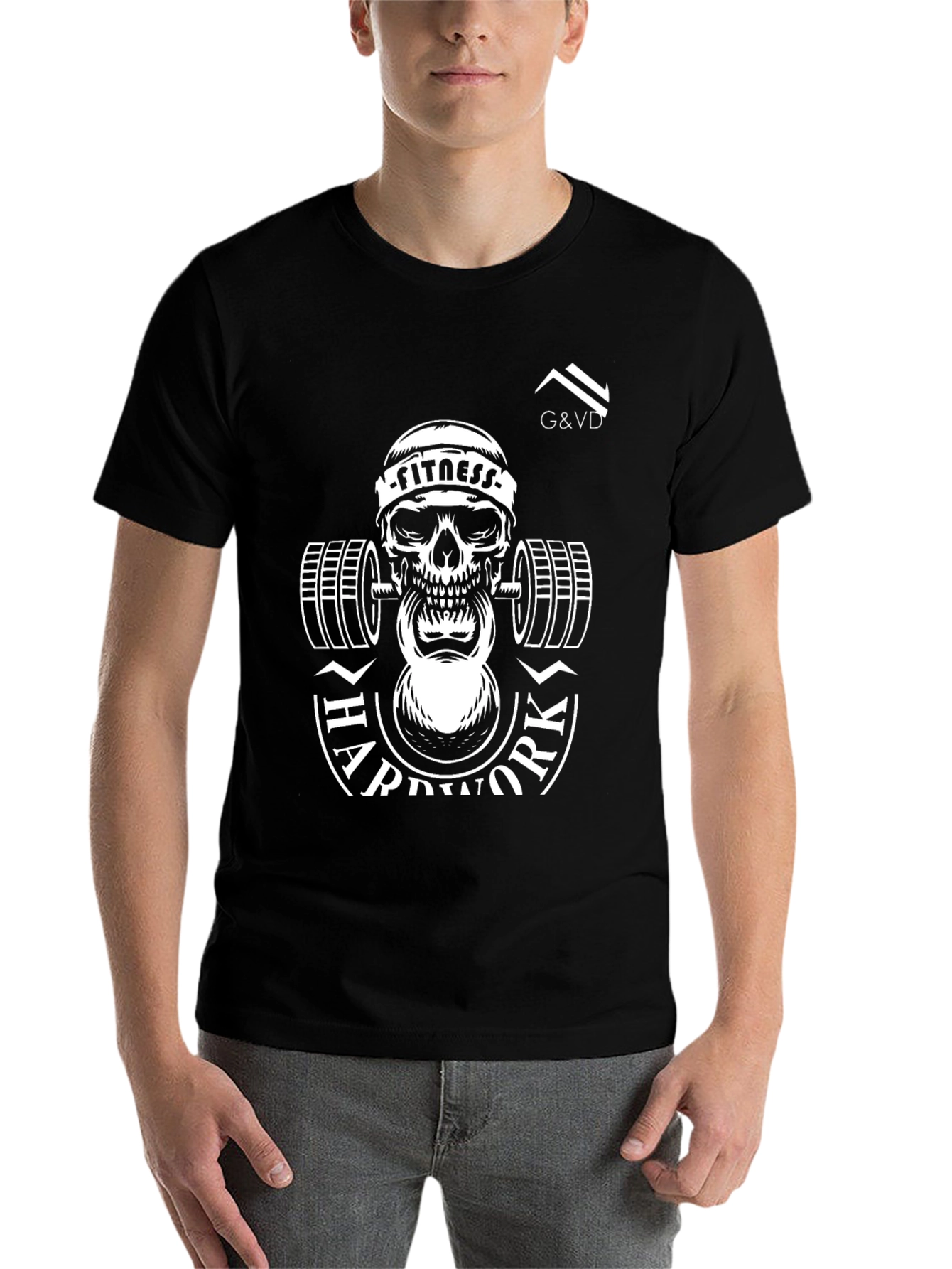 Black Fitness Skull T-Shirt - Hard Work Design view 7