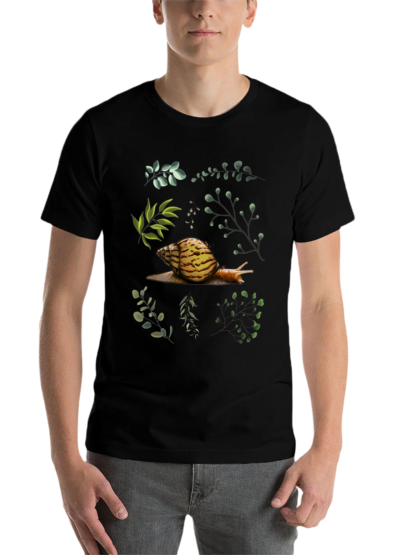 Black Snail & Botanical Print Black T-Shirt view 7