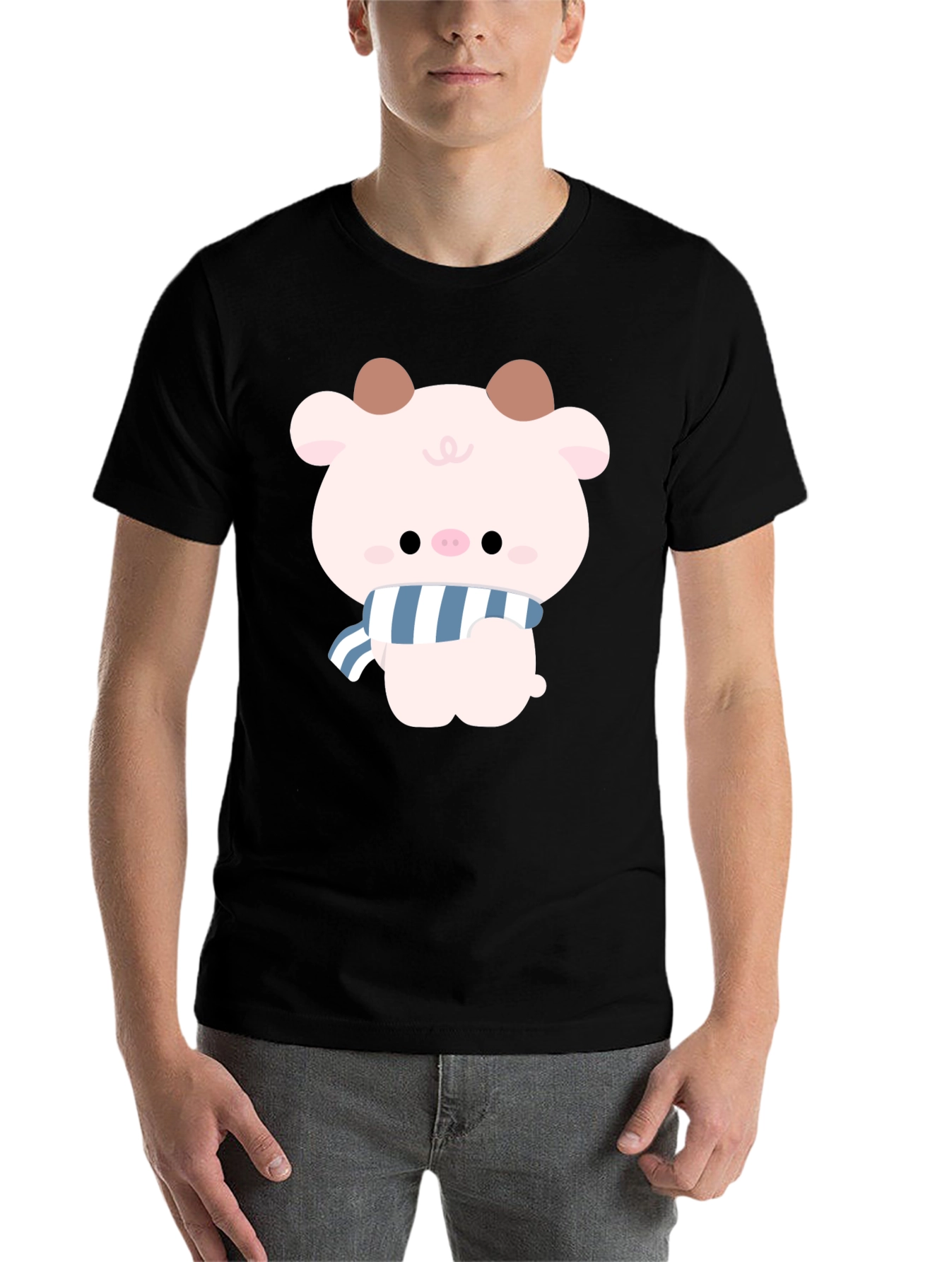 Black Cute Cartoon Pig T-Shirt view 7