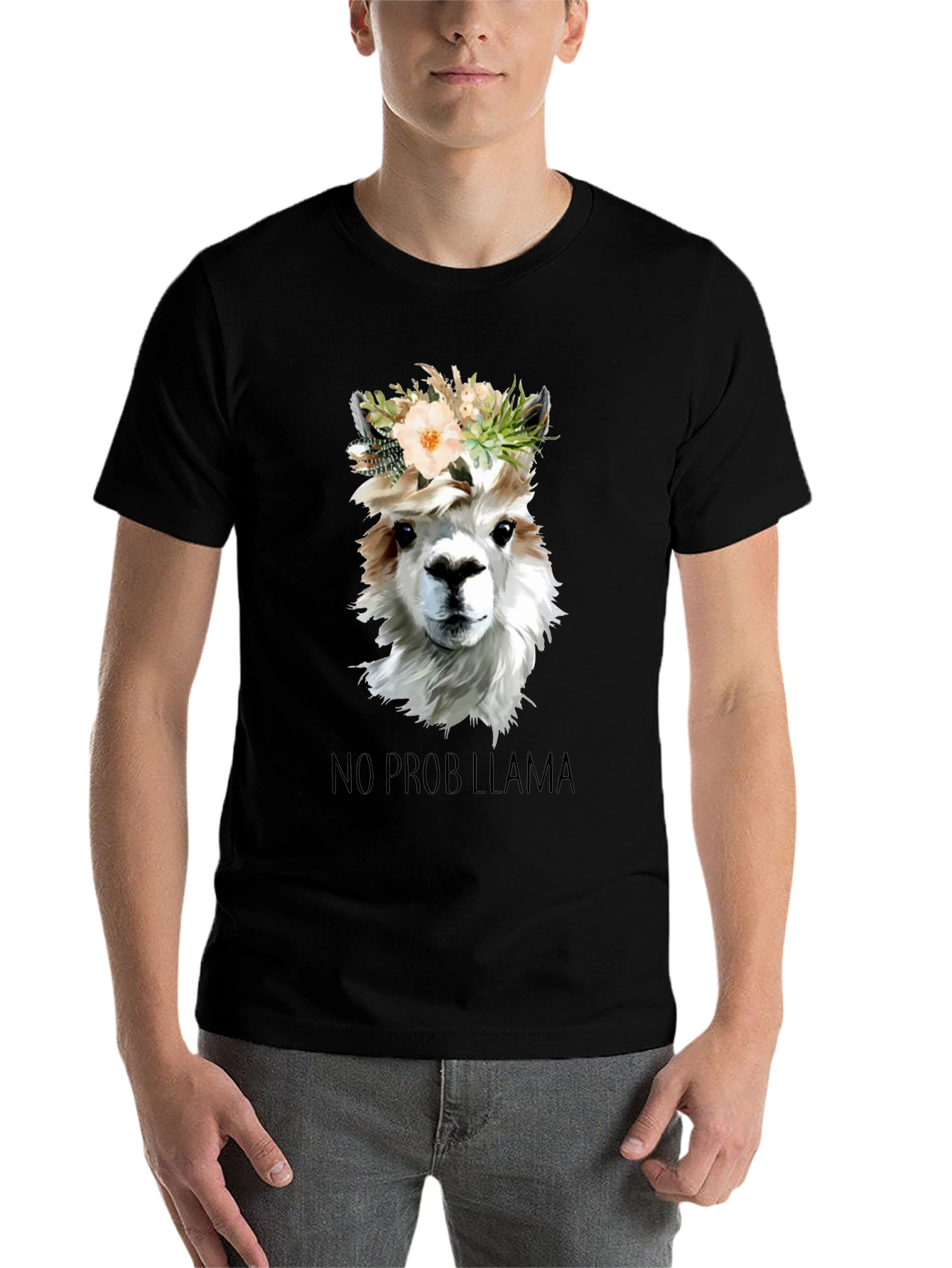 Black No Prob Llama T-Shirt - Floral Crown Alpaca Graphic Tee view 7