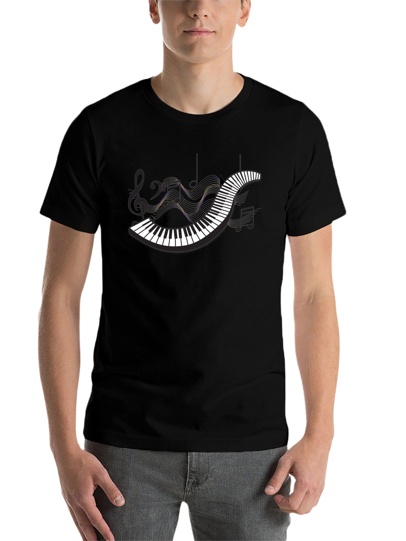 Black Piano Keys Music Notes Black T-Shirt view 7