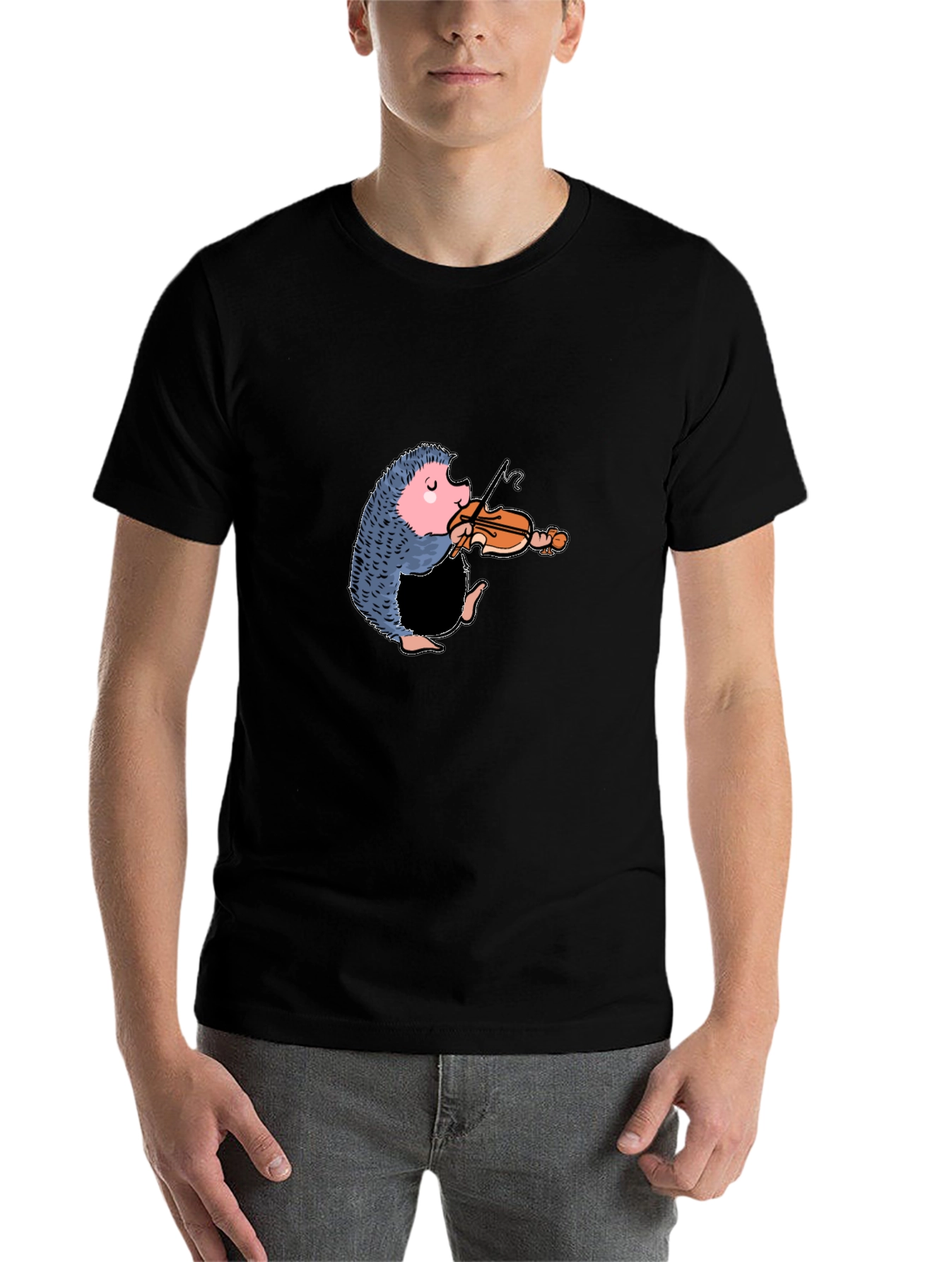 Black Funny Hedgehog Playing Violin T-Shirt view 7