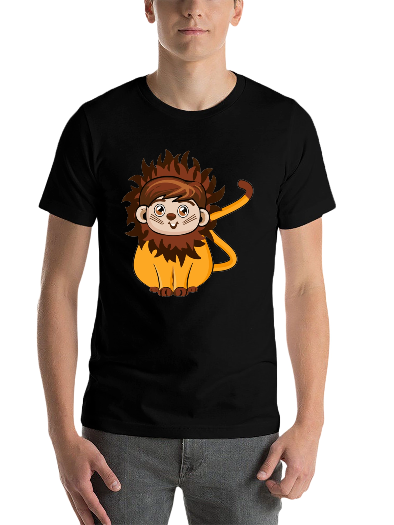 Black Cute Lion Cartoon Black T-Shirt view 7