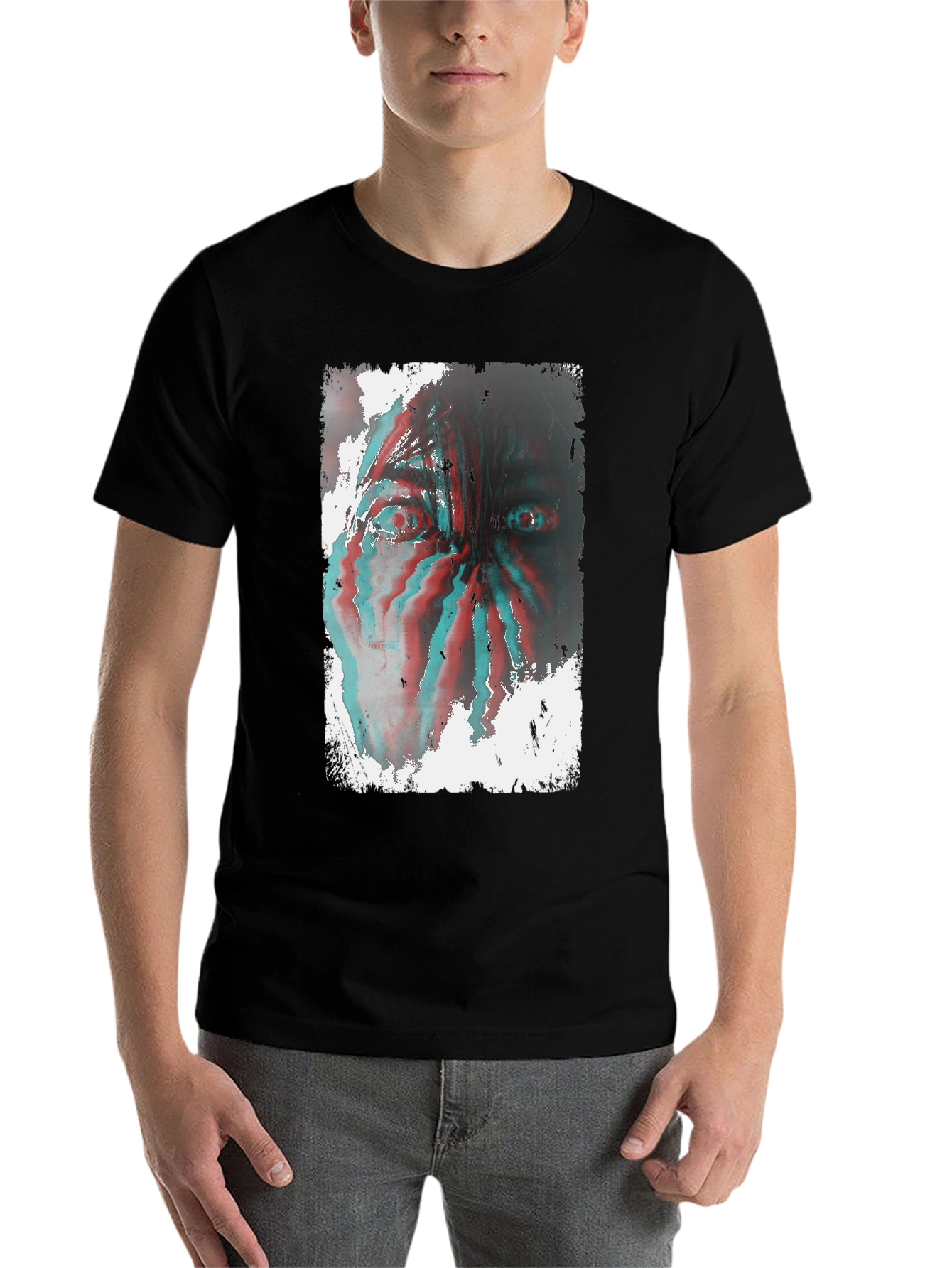 Black Distorted Face Graphic Tee - Black Cotton Blend view 7