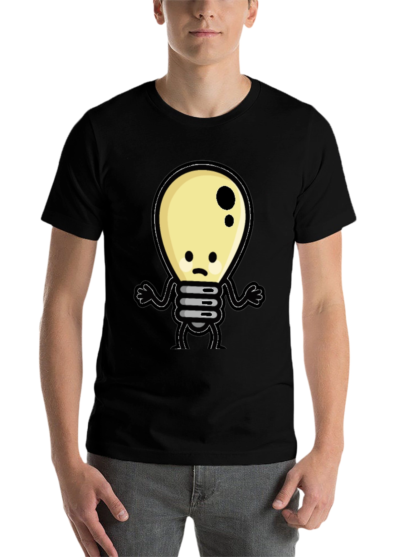 Black Sad Light Bulb Graphic T-Shirt - Black Cotton Tee view 7