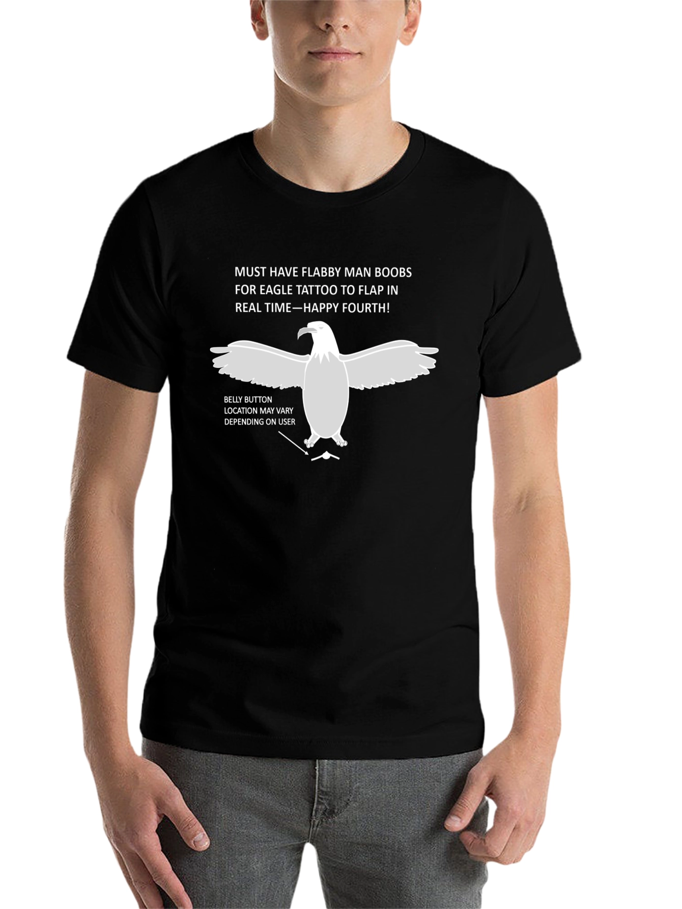 Black Flabby Man Boobs Eagle Tattoo Funny T-Shirt view 7