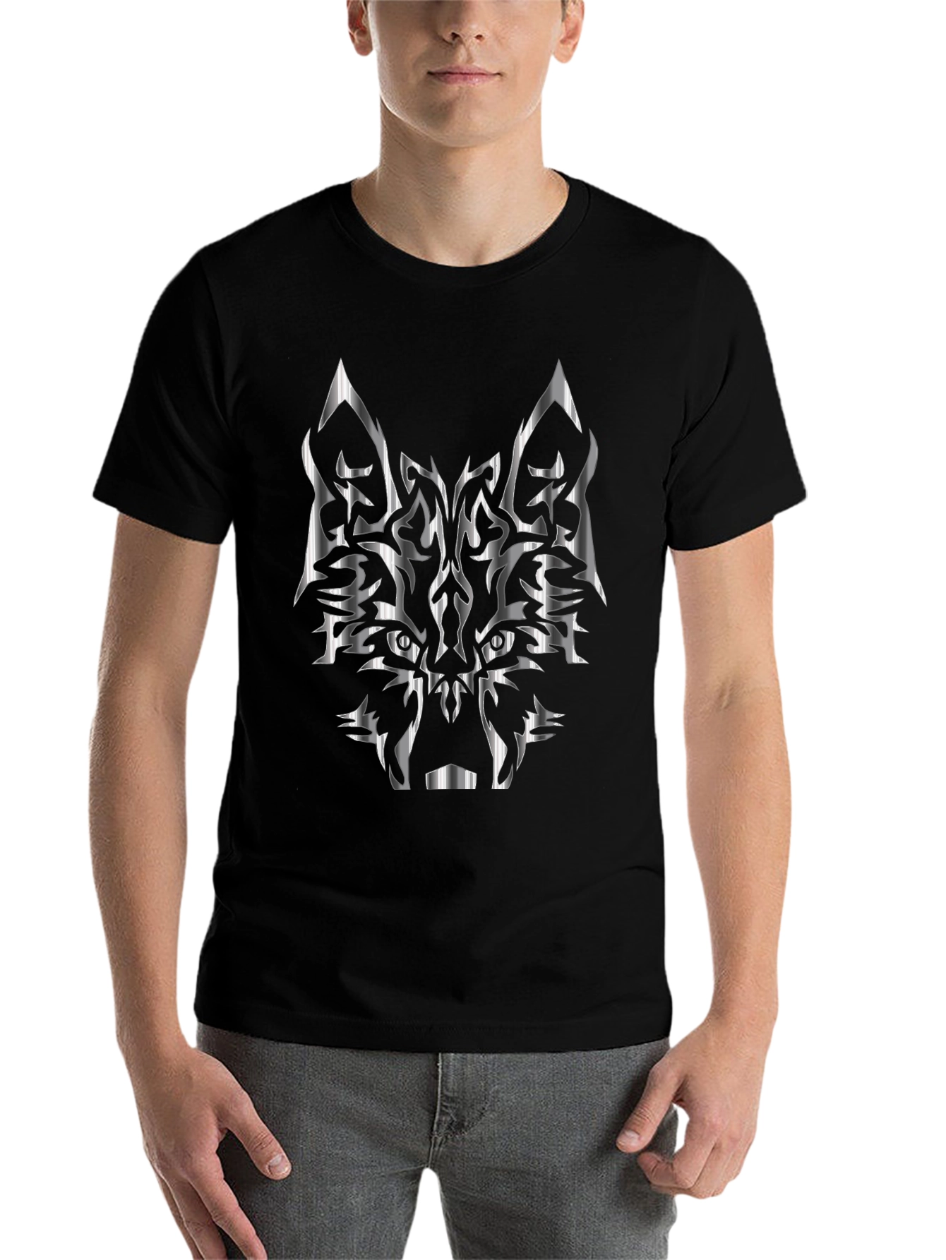 Black Tribal Wolf Graphic Black T-Shirt view 7