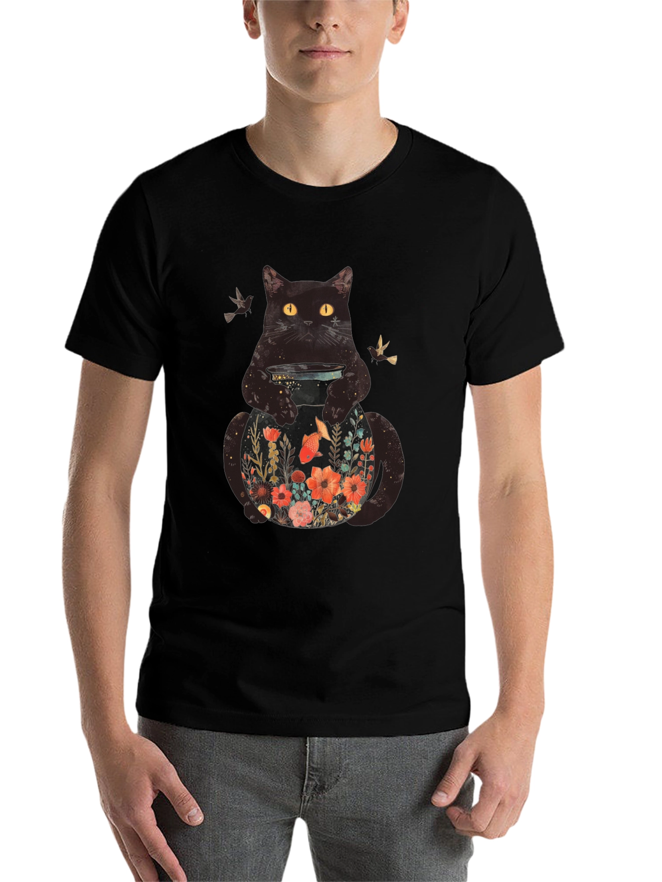 Black Floral Cat Graphic T-Shirt - Unique Animal Design view 7