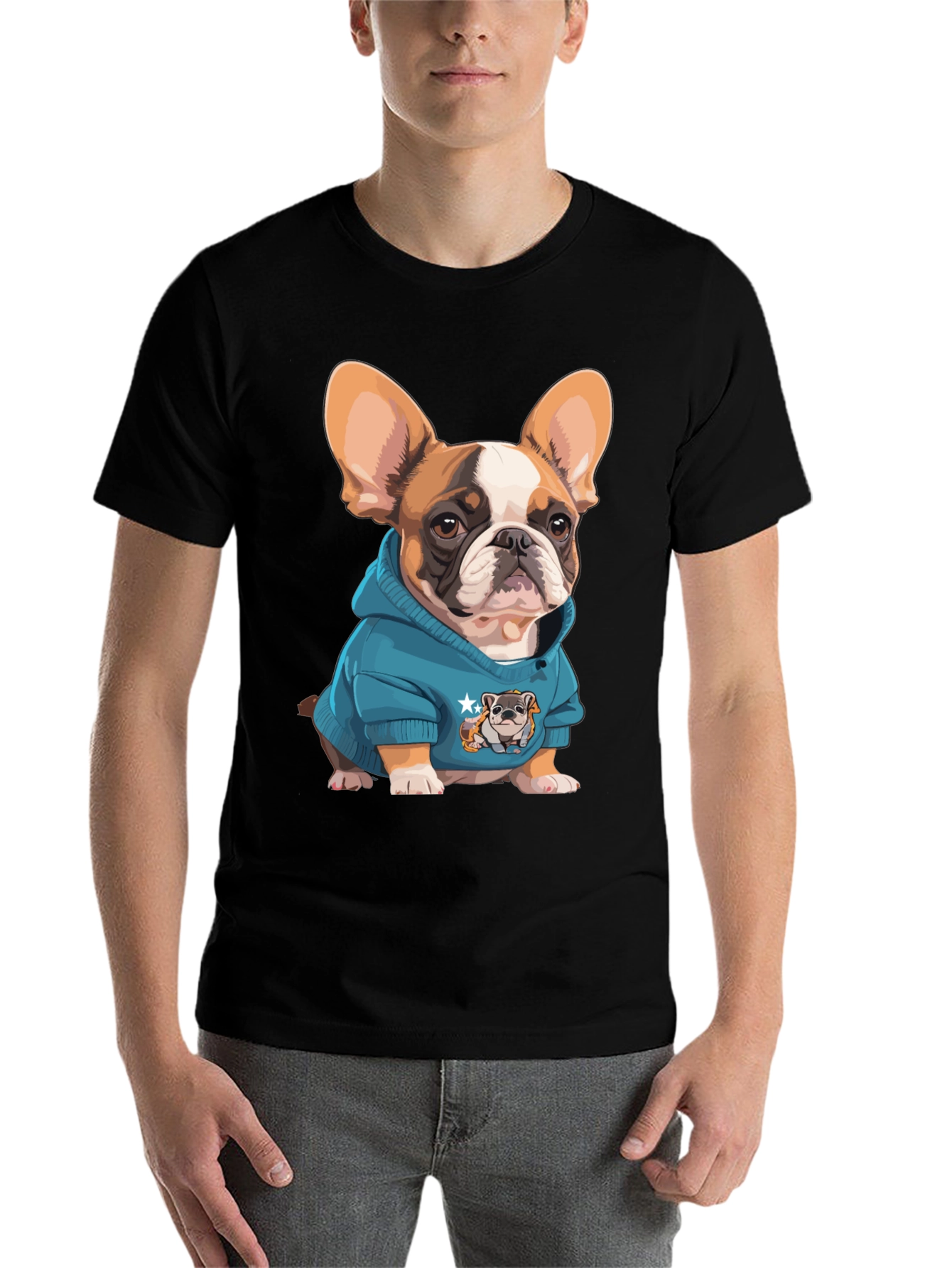 Black Bulldog in Hoodie Graphic Tee - Cute Dog Lover Shirt view 7