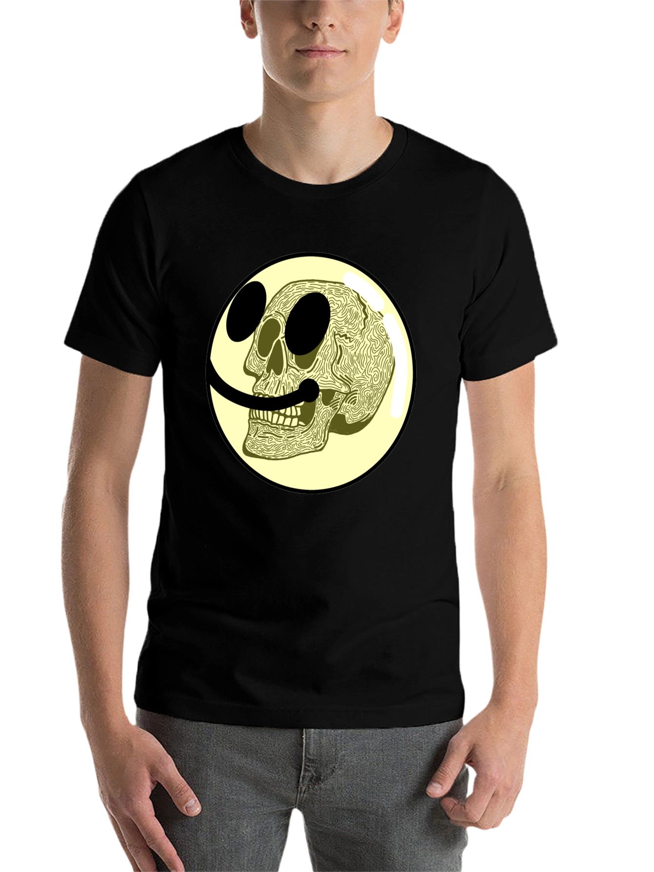 Black Skull Smiley Face Graphic Tee view 7