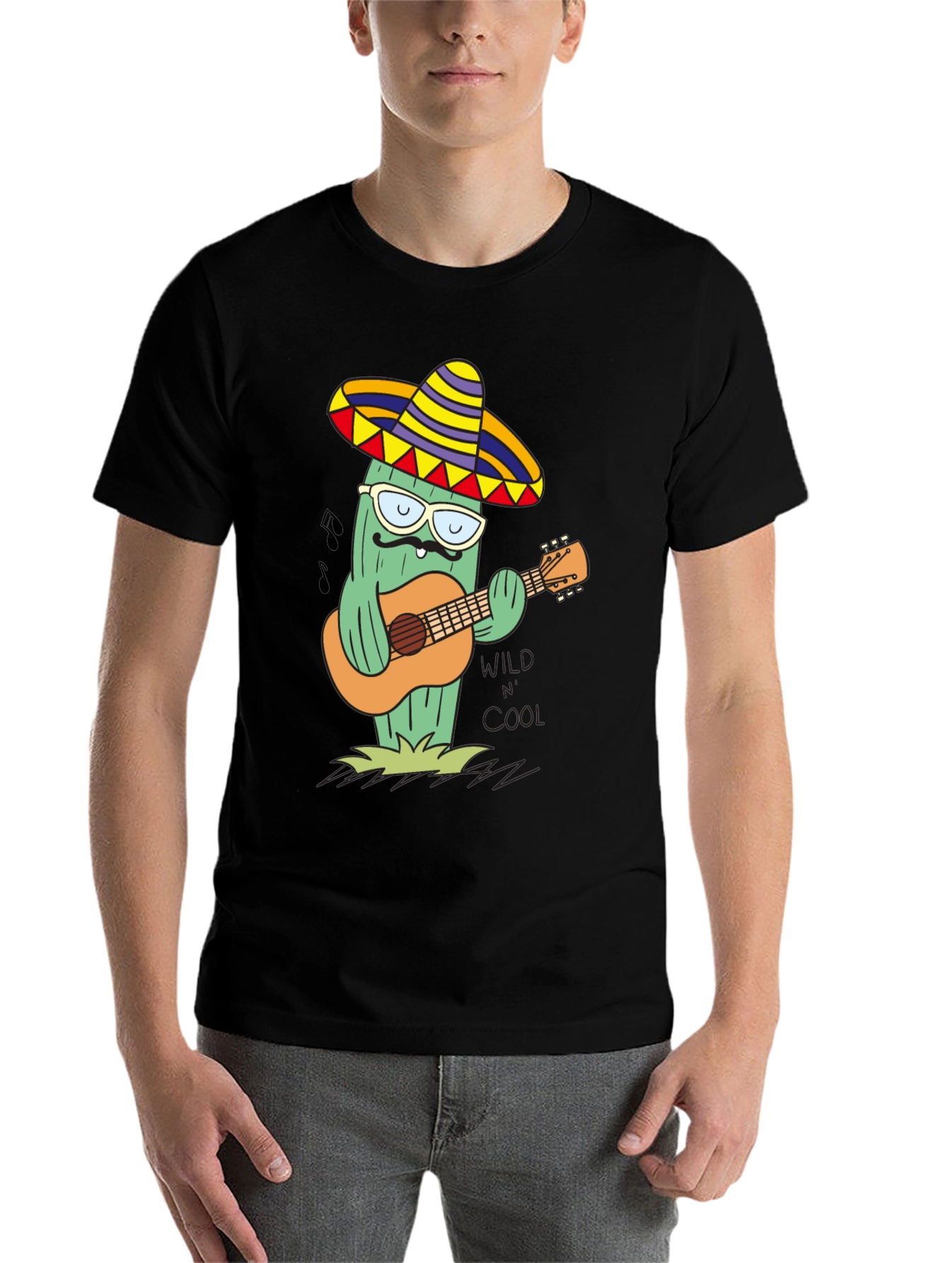 Black Cool Cactus Guitarist T-Shirt - Wild & Cool view 7