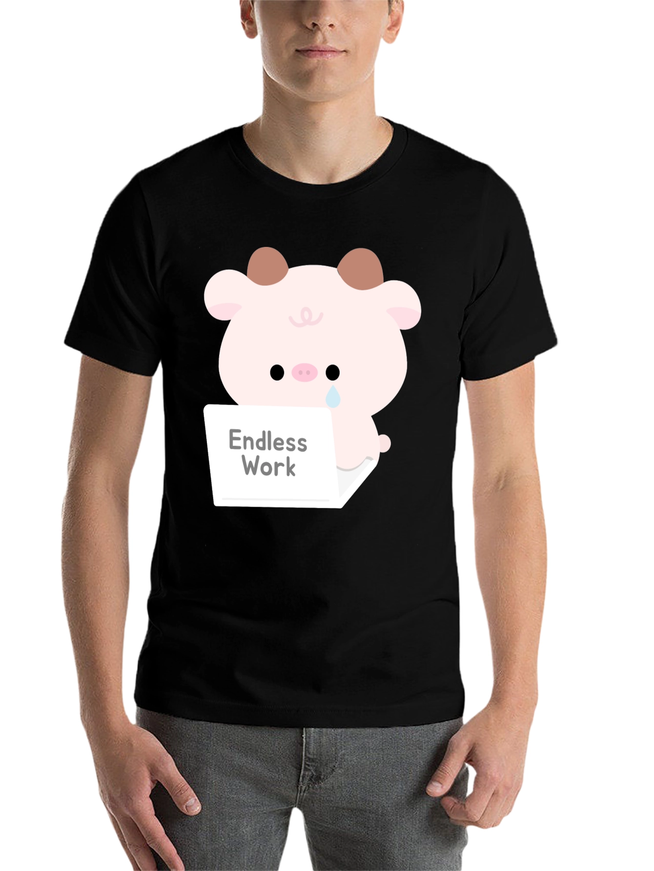 Black Endless Work Pig T-Shirt - Cute Graphic Tee view 7