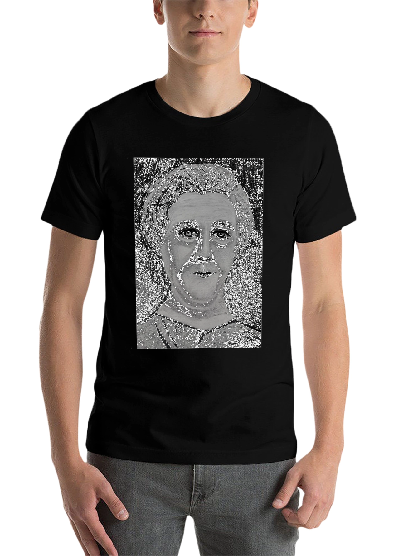 Black Unique Graphic Tee - Silver Portrait Design view 7