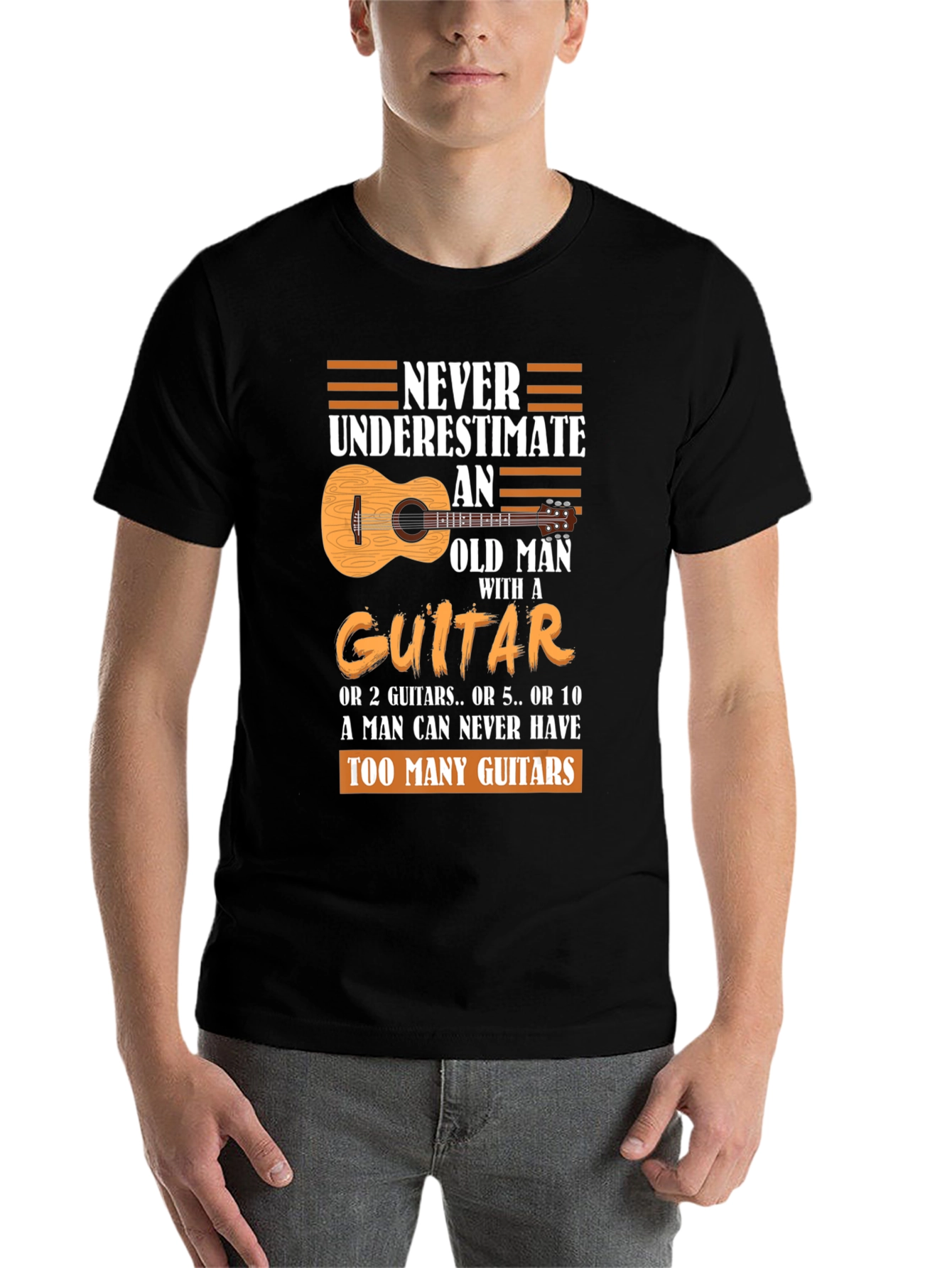 Black Never Underestimate Old Man Guitar T-Shirt view 7
