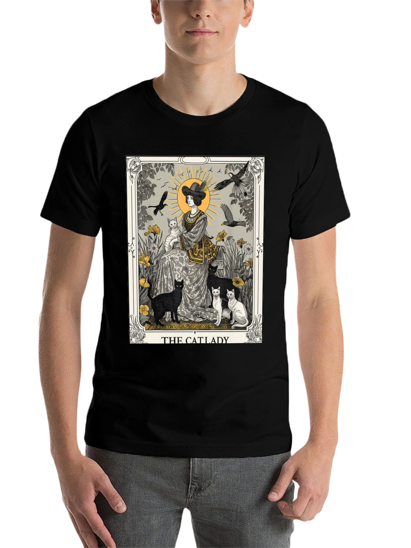 Black The Catlady Tarot Card T-Shirt - Unisex Graphic Tee view 7