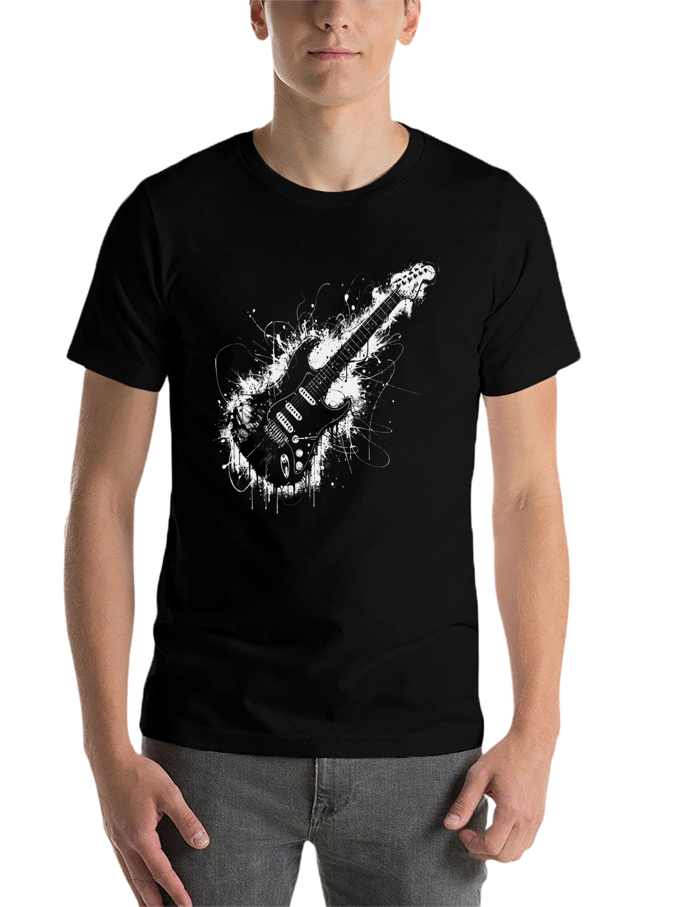 Black Electric Guitar Graphic Tee - Rocker Style Black T-Shirt view 7