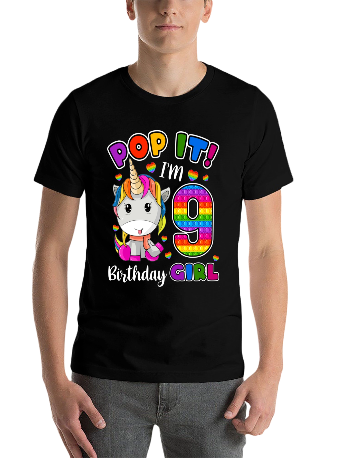 Black Pop It! I'm 9 Birthday Girl T-Shirt Unicorn view 7