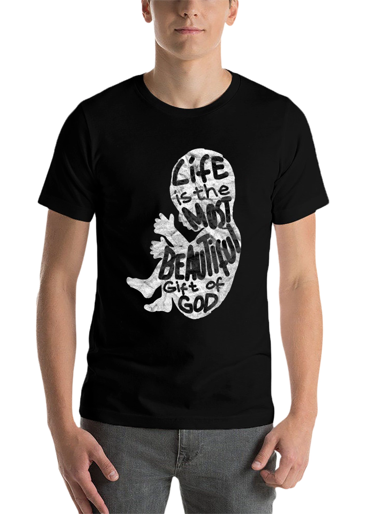 Black Pro-Life Fetus Graphic Tee - Life is Beautiful Cotton T-Shirt view 7