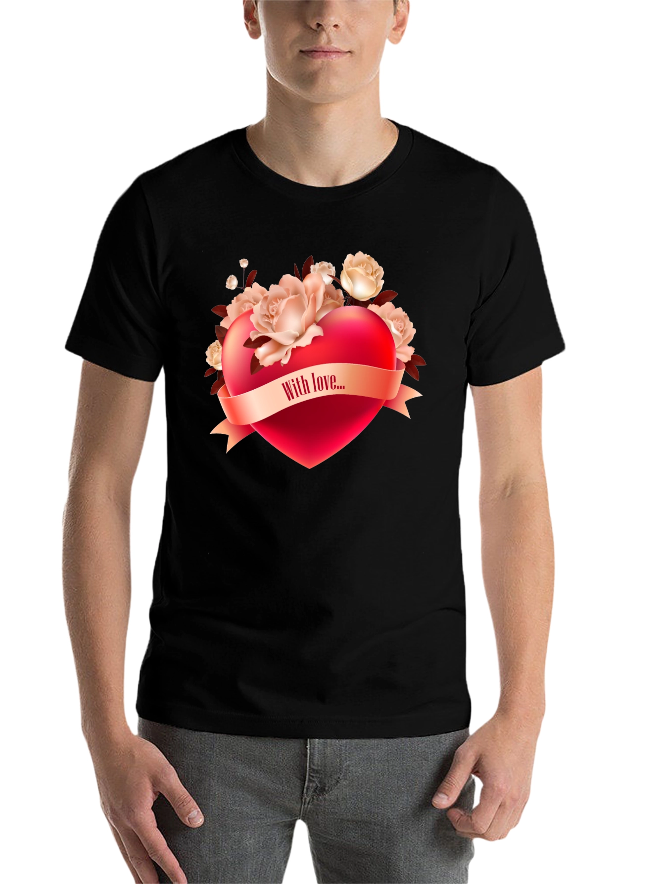 Black Romantic Heart & Roses Graphic T-Shirt view 7