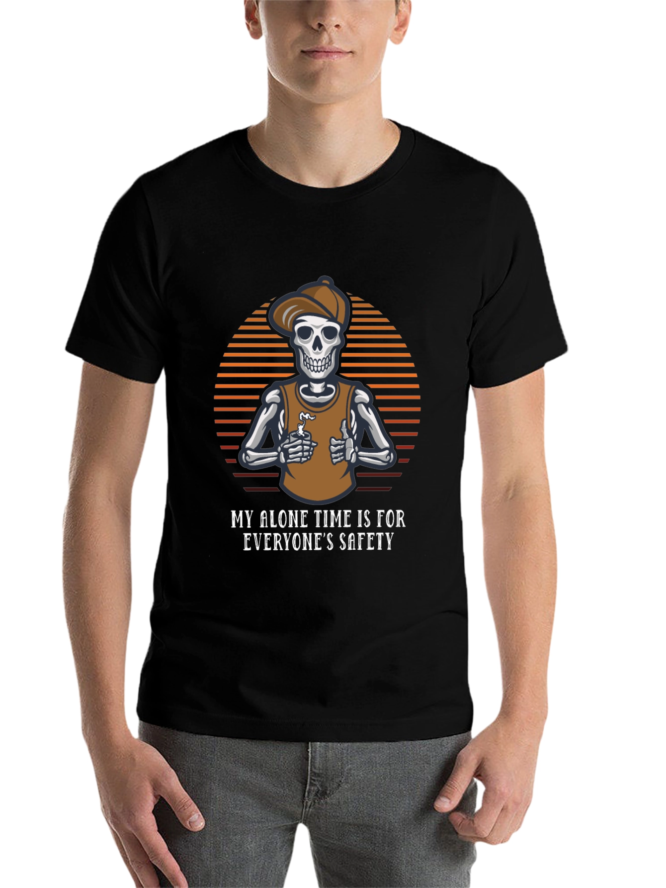 Black Funny Skeleton T-Shirt: Alone Time is Safety view 7