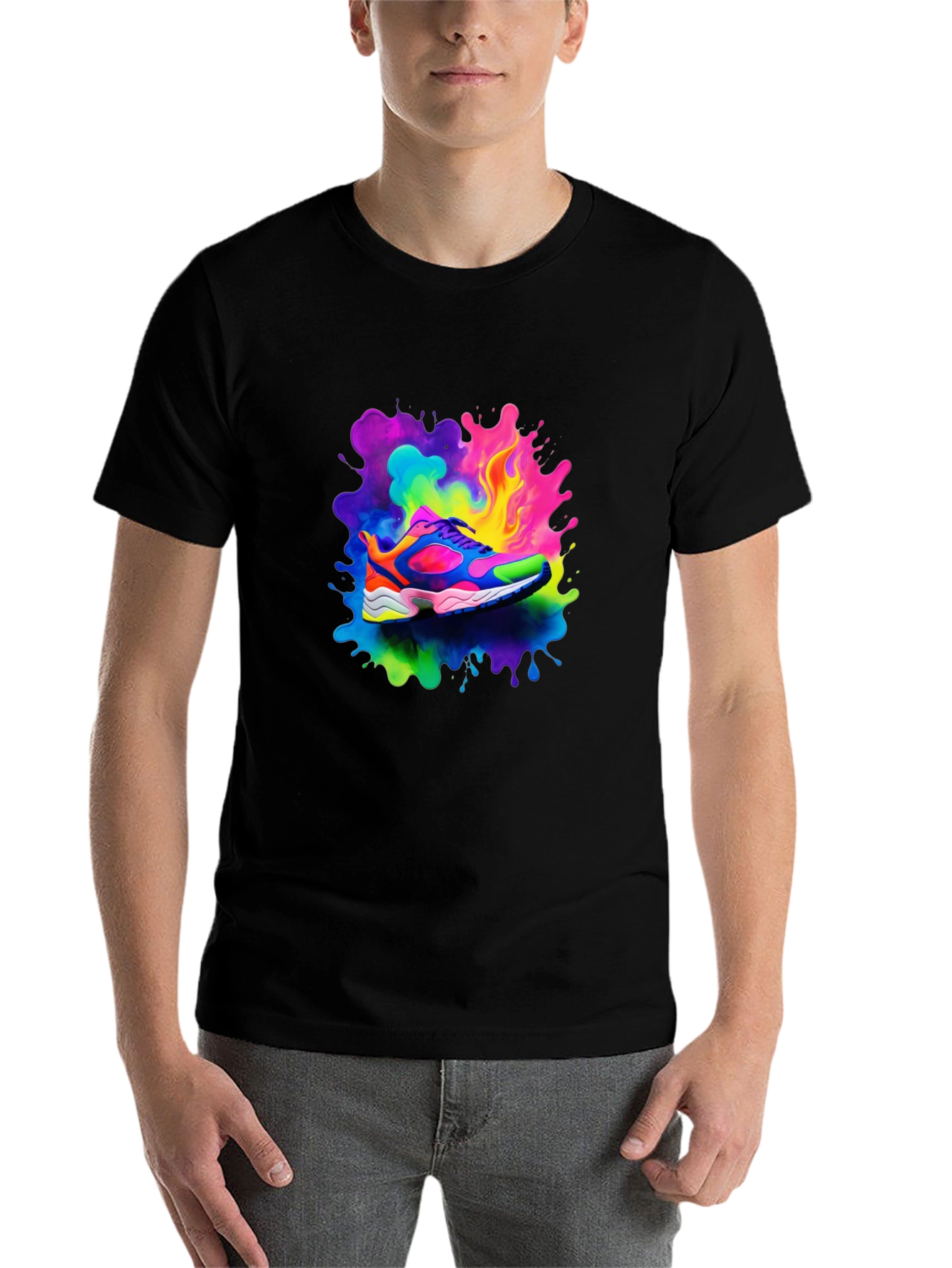 Black Men's Black T-Shirt with Colorful Shoe Design view 7
