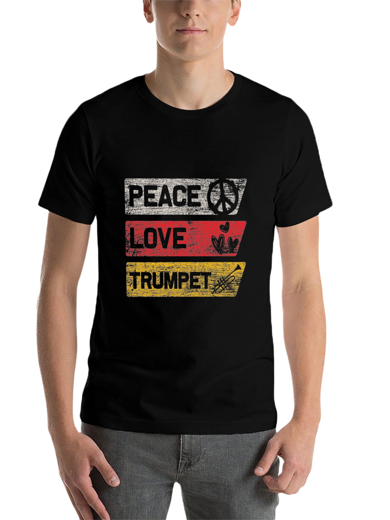 Black Peace Love Trumpet Black Graphic T-Shirt view 7