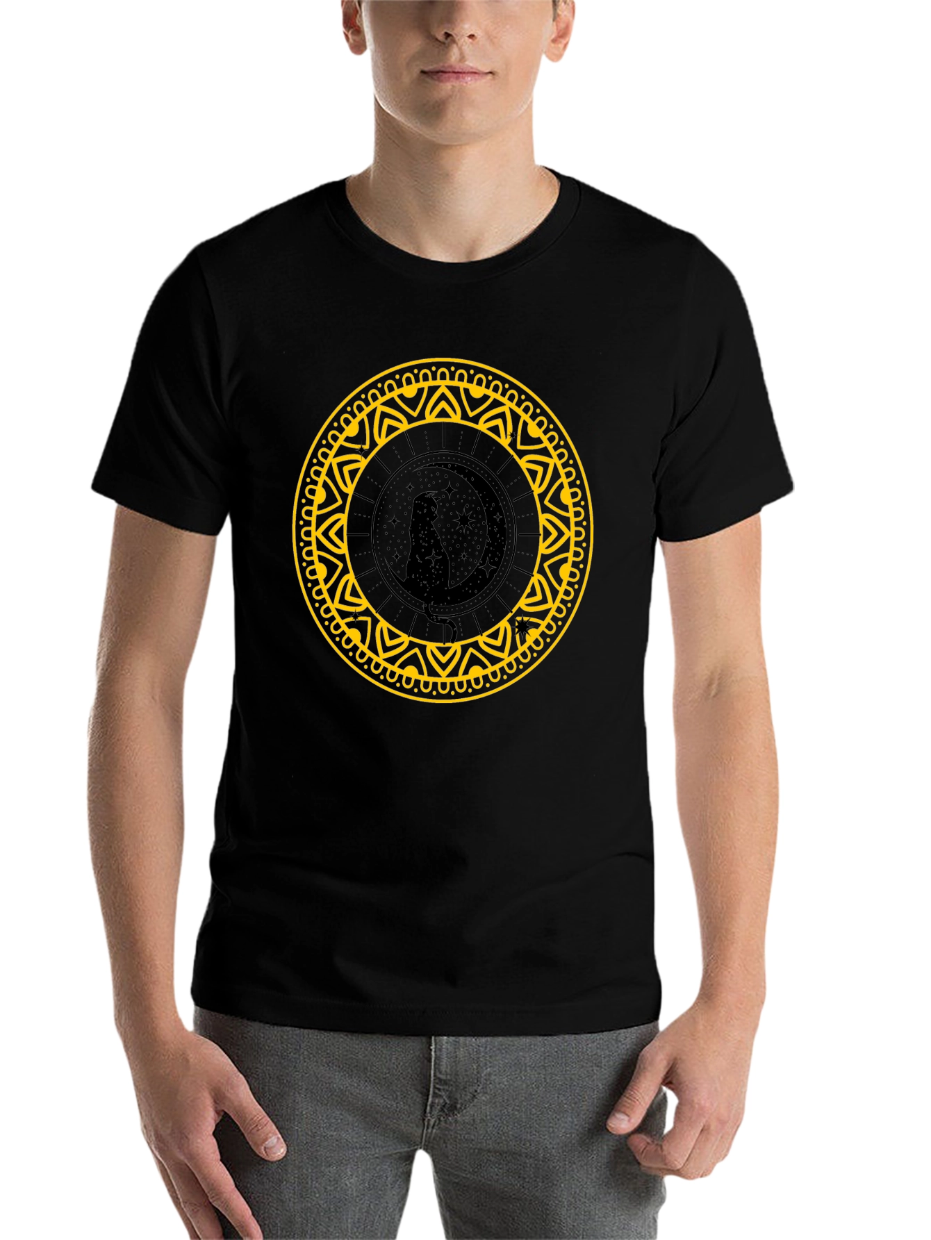 Black Cat Moon Mandala Black T-Shirt view 7