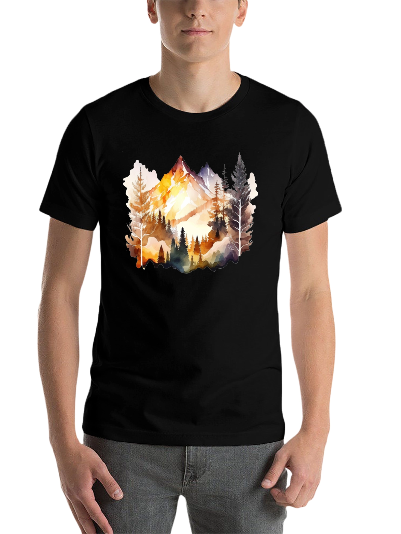 Black Watercolor Mountain & Forest Graphic Tee - Black view 7