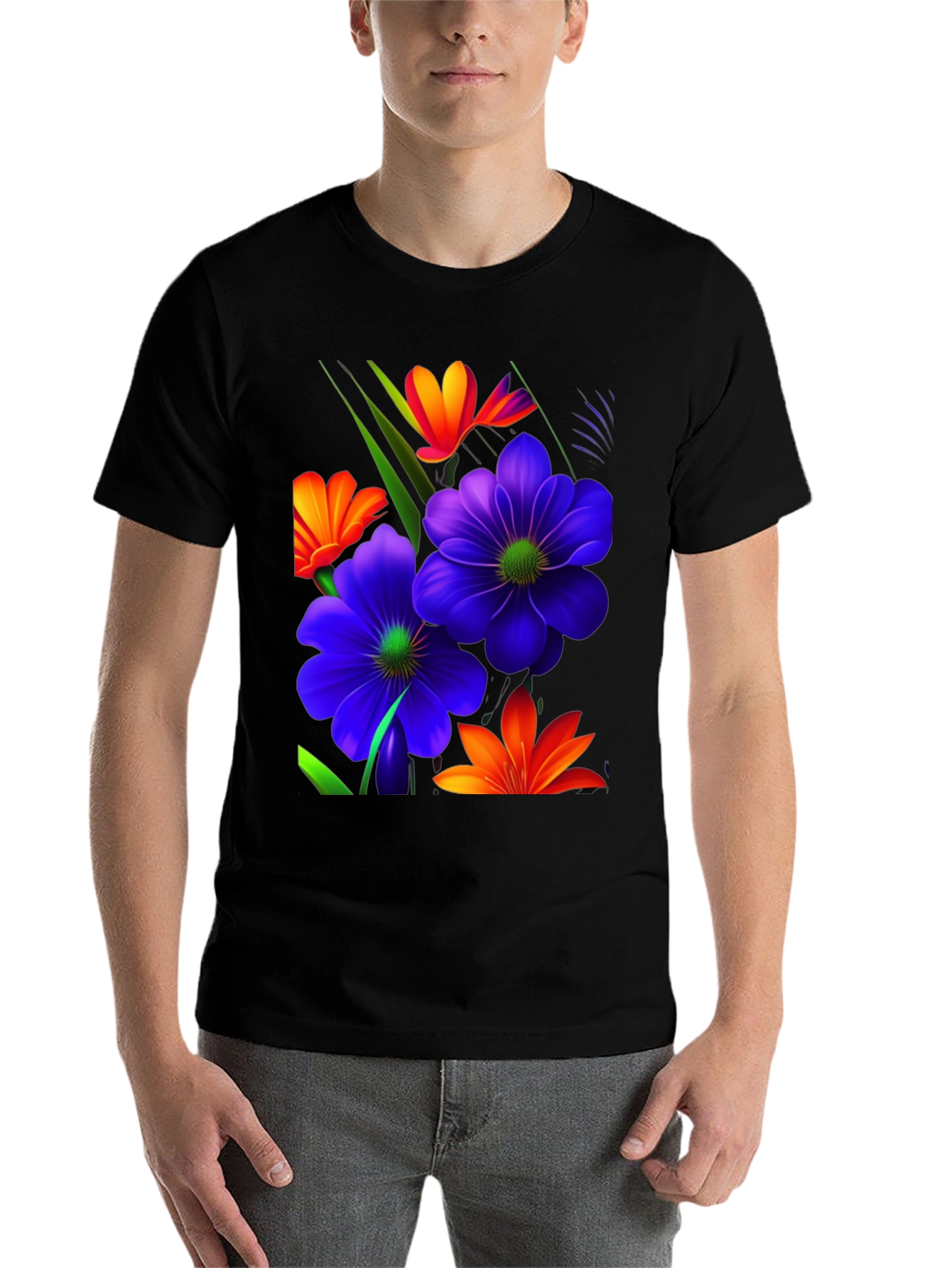 Black Floral Design T-Shirt - Bold & Vibrant view 7