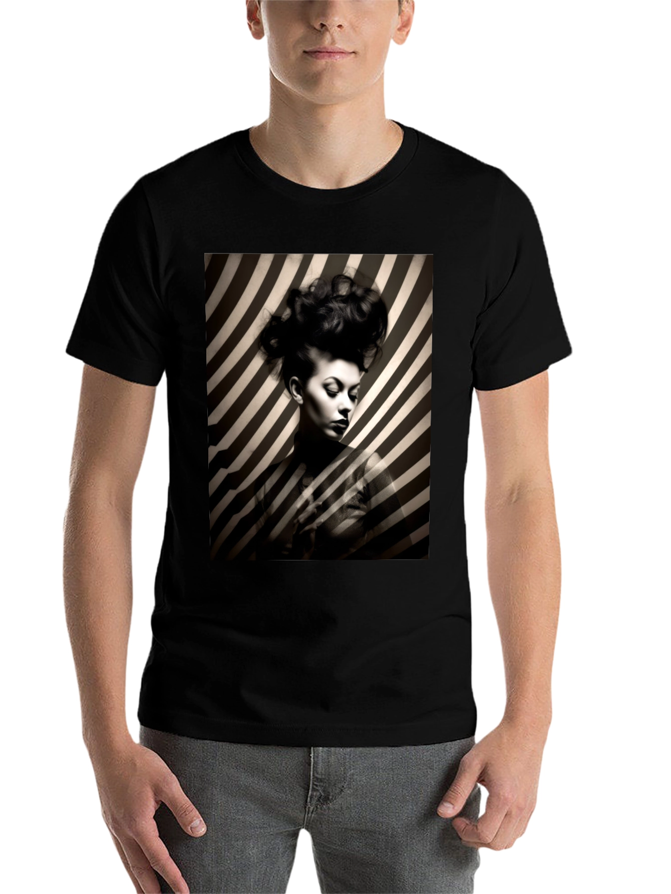 Black Striking Striped Portrait Graphic Tee - Bold Style view 7