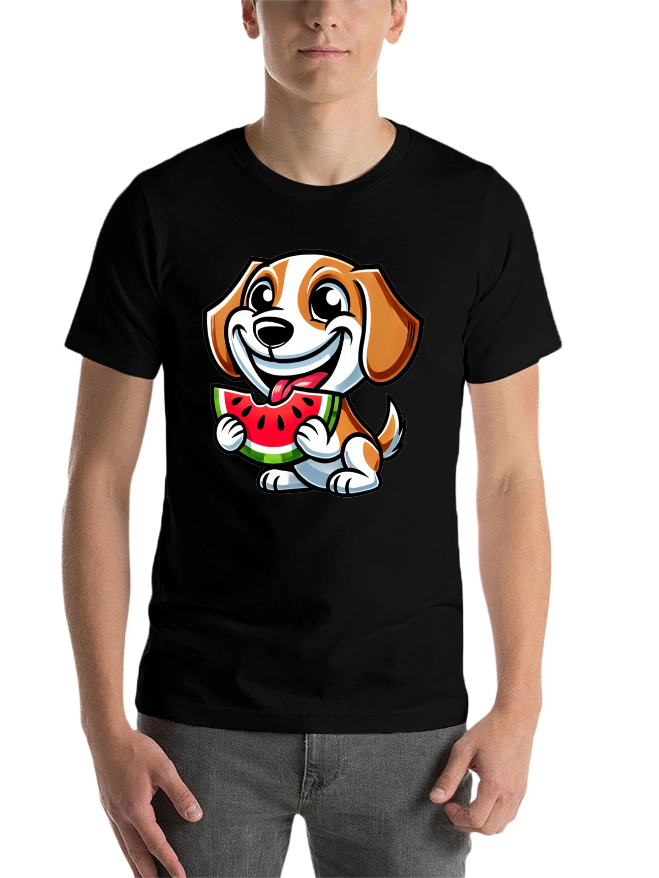 Black Cute Dog Eating Watermelon Black T-Shirt view 7
