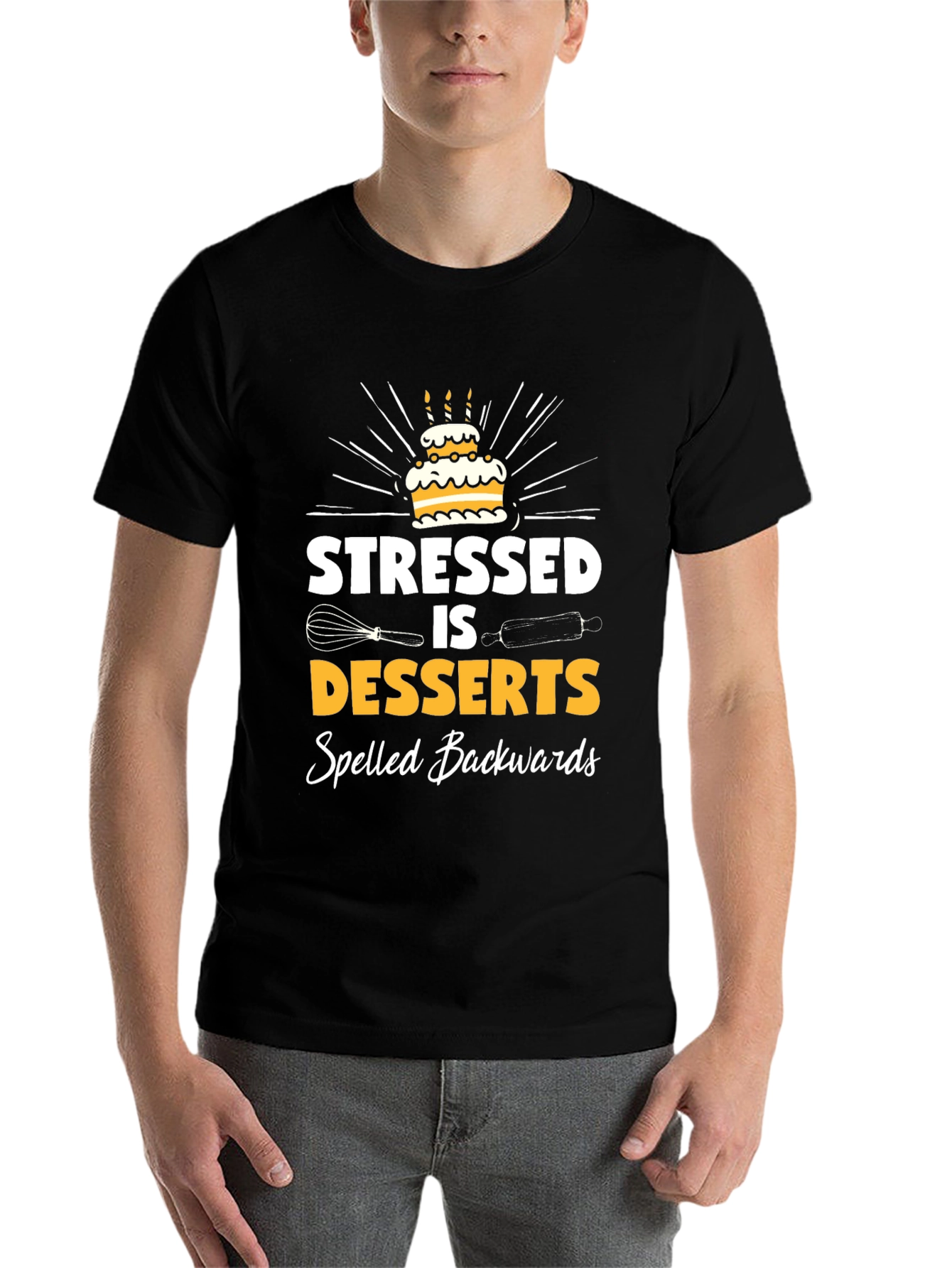 Black Stressed is Desserts Backwards Graphic Tee - Baker Humor Shirt view 7
